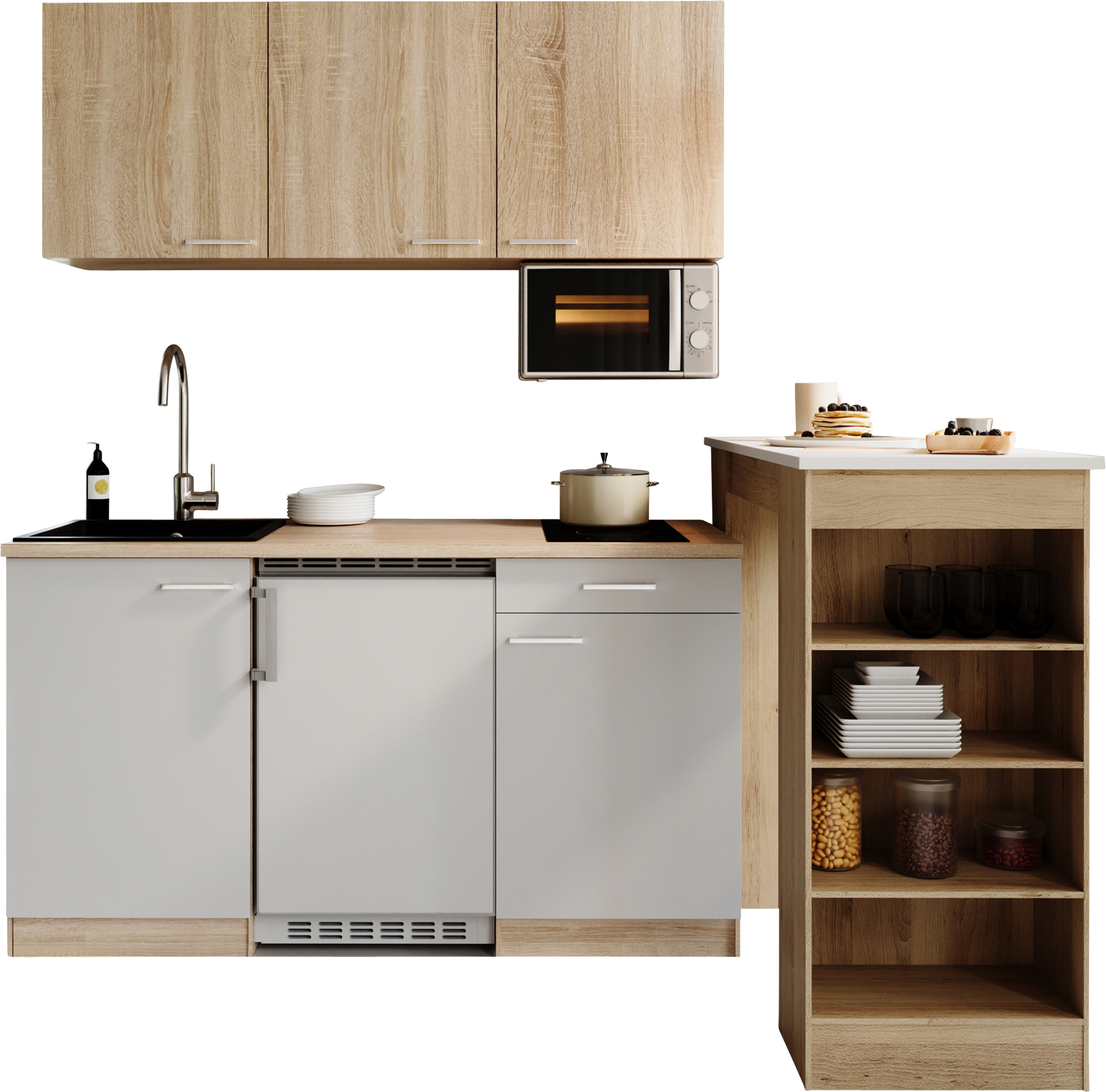 RESPEKTA Pantryküche "Ingrid, inkl. Tresentisch und Mikrowelle" zerlegt, wahlweise mit Kühlschrank, Soft-Close-Funktion, Breite 150 cm
