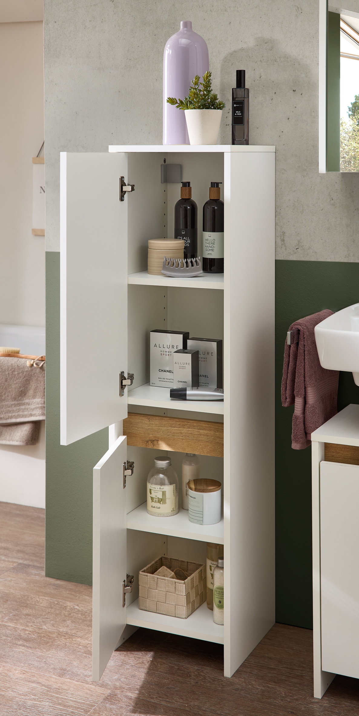 Saphir Midischrank »Midischrank Quickset 100, Badschrank 32,4 cm breit, 2 Türen«, 2 Einlegeböden, Badezimmer-Midischrank, mit Akzentfuge