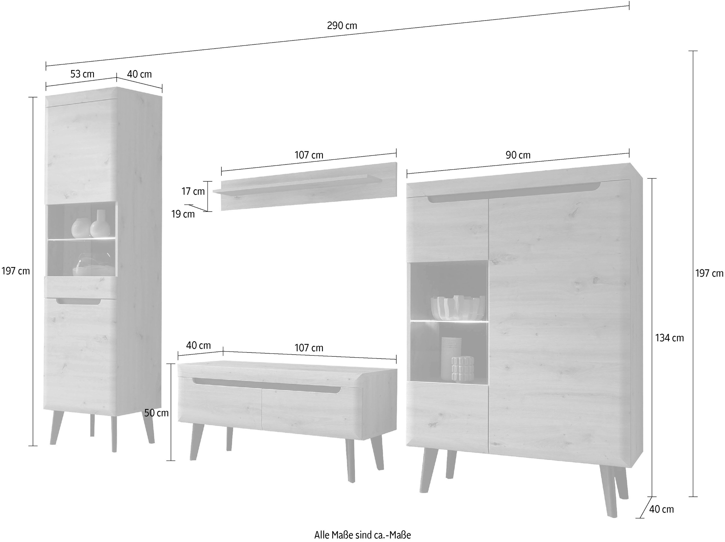 INOSIGN Wohnwand »Torge, Anbauwand, Schrankwand, Mediawand, Wohnzimmer-Set«, (Set, 4 St.), Lowboard: (B/T/H): 107/ 40/ 50 cm