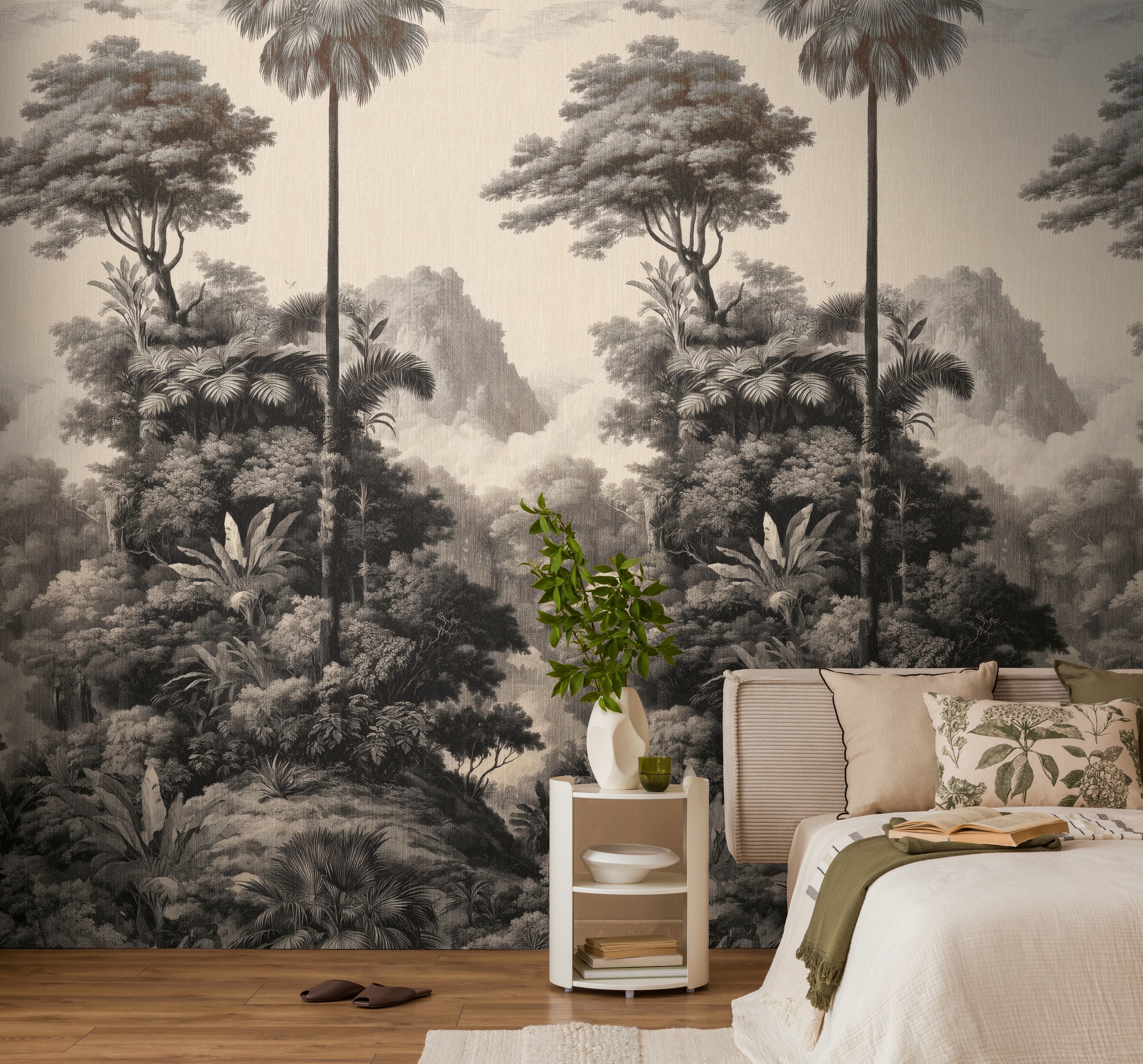 living walls Vliestapete "Vibes & Styles Monteluna – Vintage Jungle Fototapete" floral leicht strukturiert Detailreiche Dschungellandschaft mit malerischer Tiefe