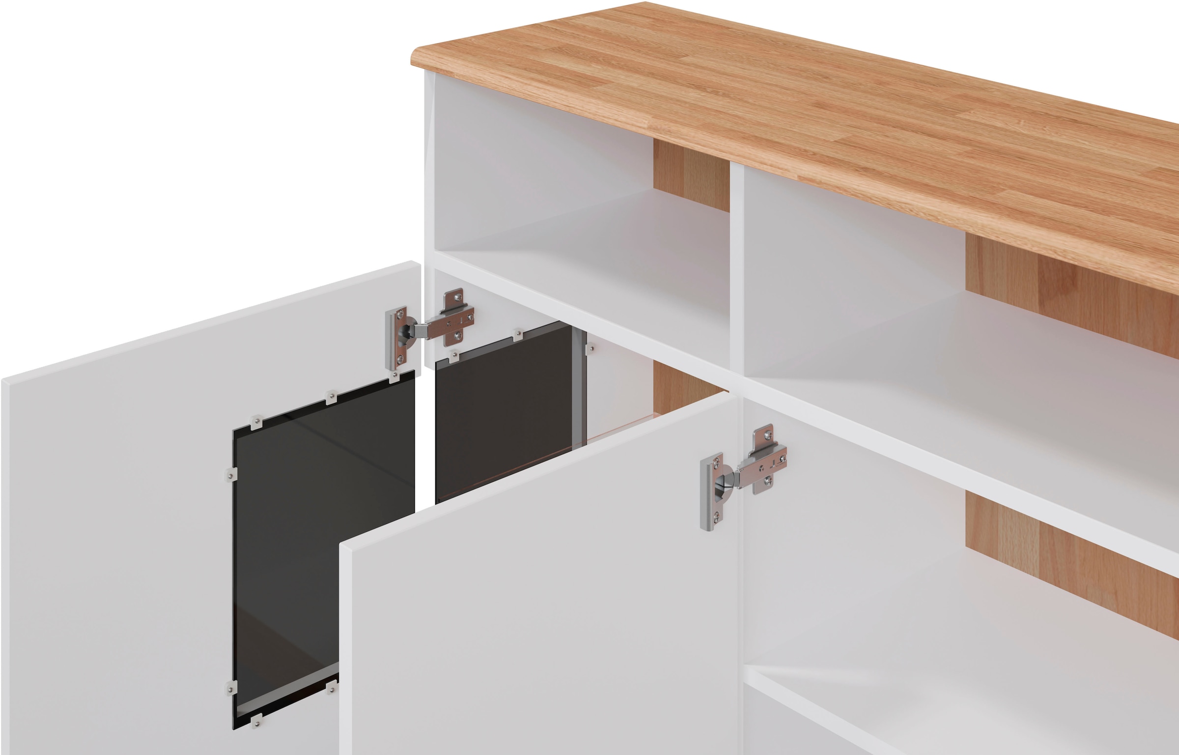 Home affaire Sideboard »Ribe,180cm breit, 9 Fächer«, Oberplatte Massivholz,schwarze Metall Griffe,2 Türen mit Glaseinsatz