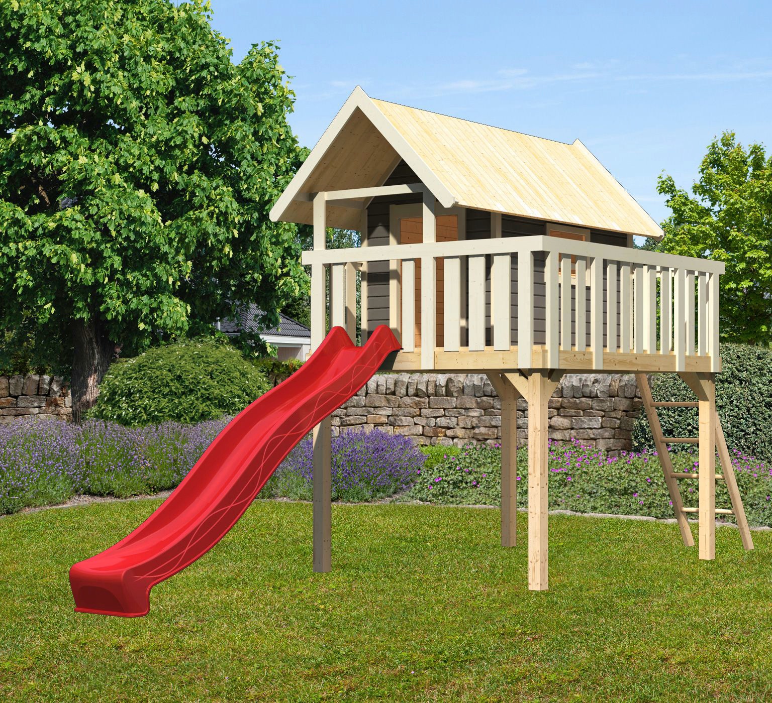 Spielturm AKUBI "Fidel", grau (terragrau), Spieltürme, KinderB:198cm H:329,5cm T:243cm, Holzwerkstoff, BxTxH: 198x243x330 cm, terragrau mit Rrutsche in rot, B:198cm H:329,5cm T:243cm