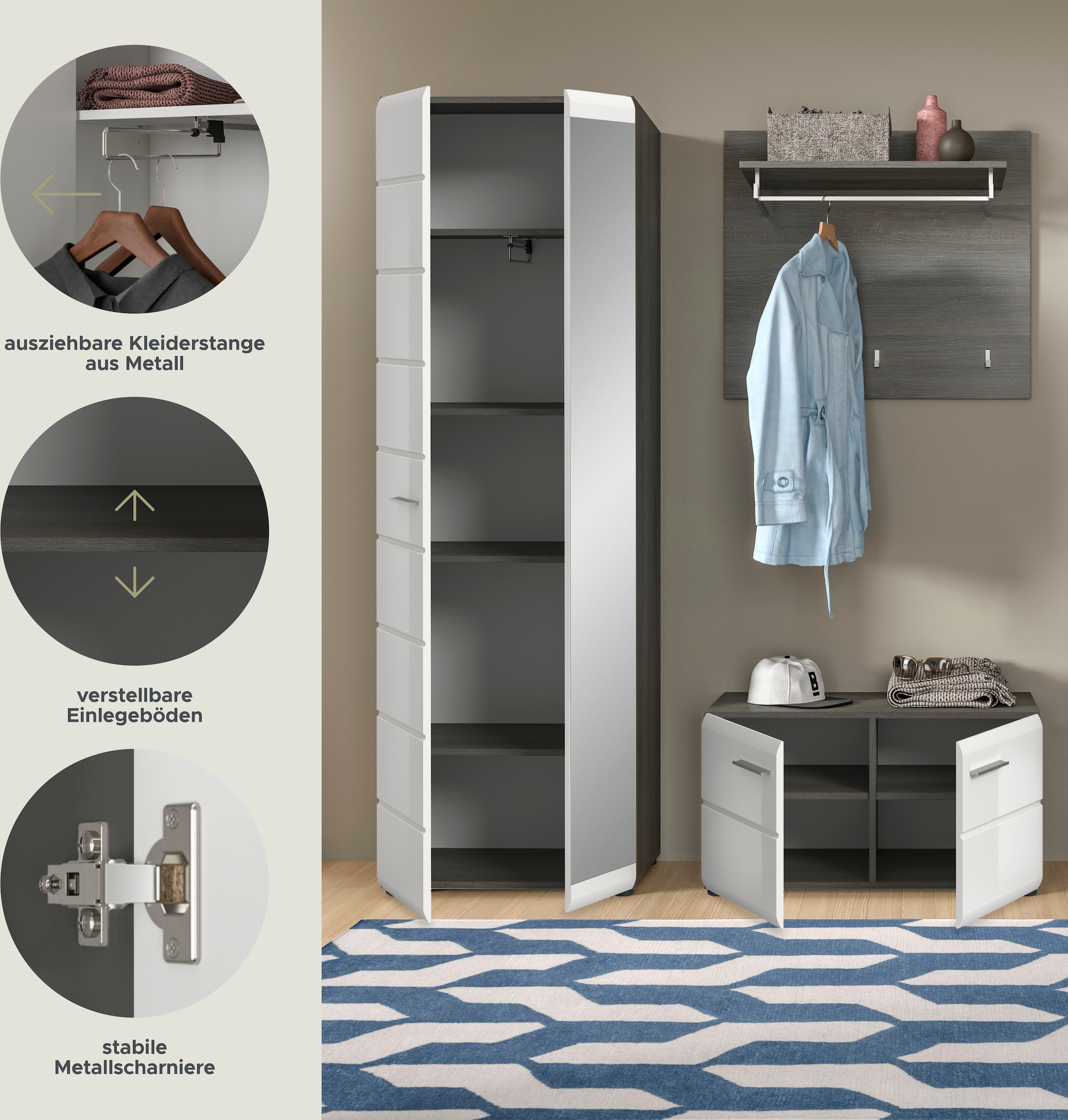 INOSIGN Garderoben-Set »Rumba, 3-teilig, Breite 155 cm, Hochglanz Front, bestehend aus:«, (3 St.), Garderobenschrank, Sitzbank, Garderobenpaneel
