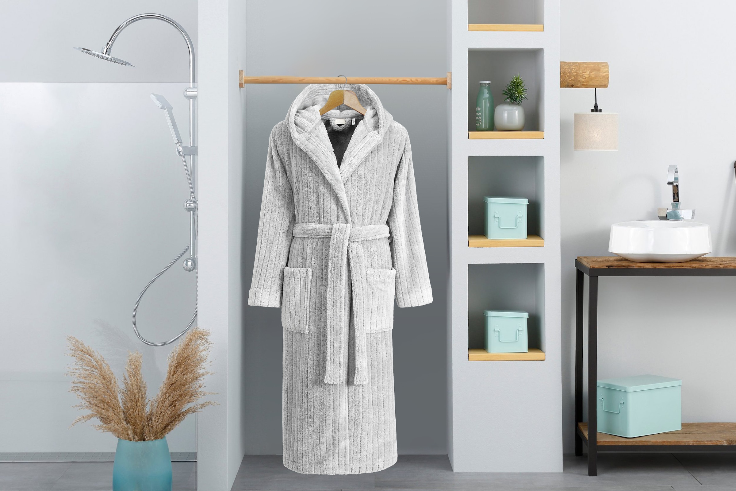LeGer Home by Lena Gercke Unisex-Bademantel »Lovina gestreift, ideal für Sauna & Spa, Hotelbademantel, Morgenmantel« 1 Stk. Hoch-Tief, kuschelig weicher Fleece, plüsch, Damen und Herren, XS-3XL