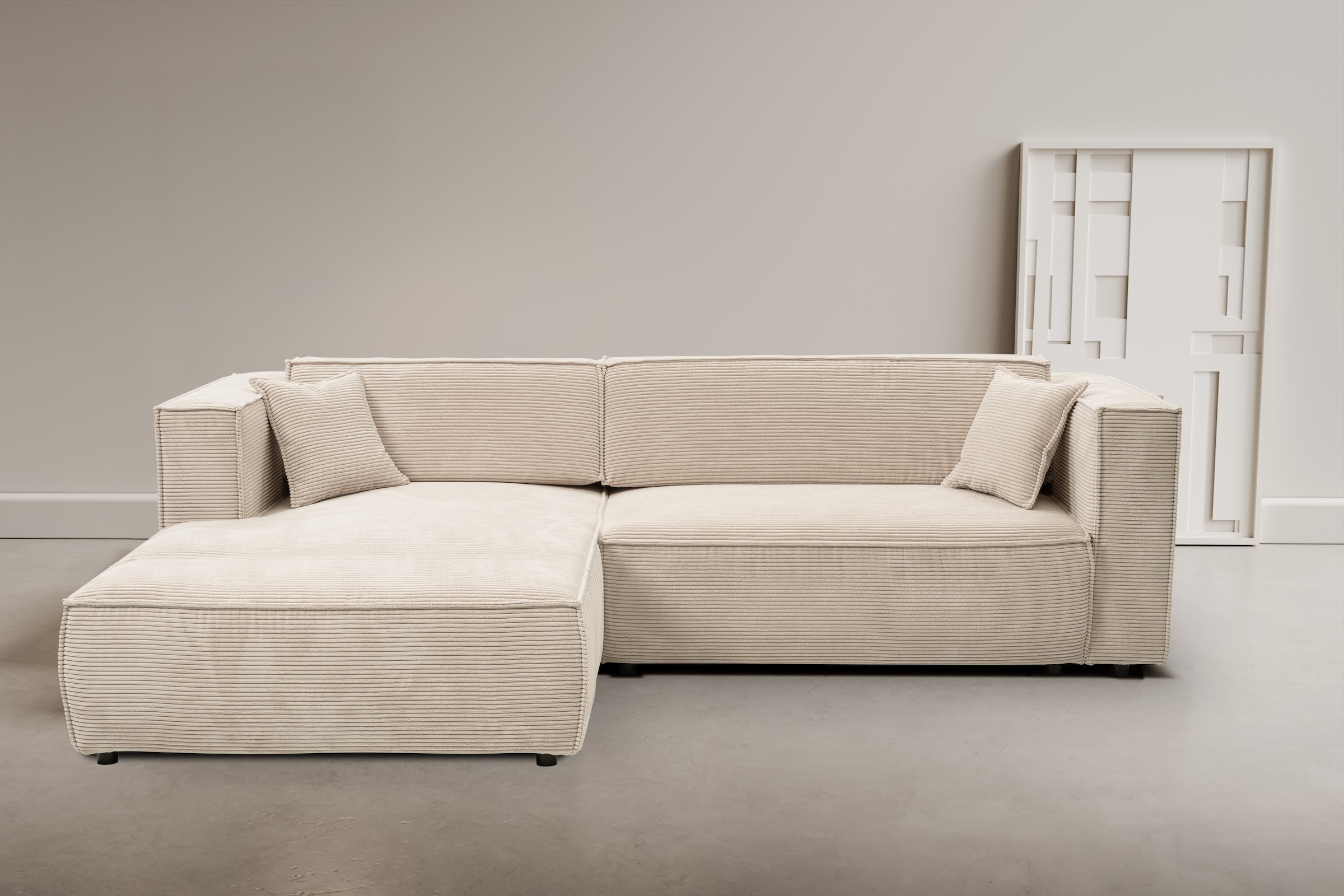 WERK2 Ecksofa "Atlanta-New 295 x 182 cm modern und bequem" Cord, L-Form, XXL, Schlaffunktion, Bettkasten