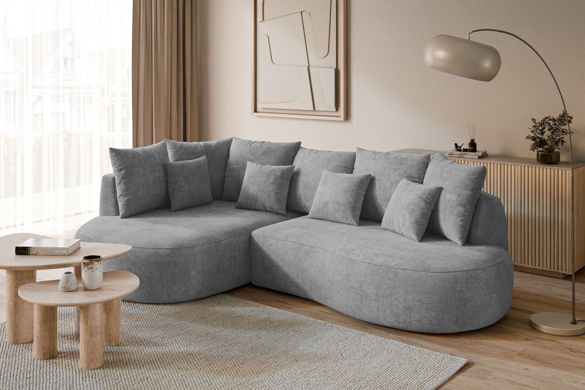 homsy by Ana Johnson Ecksofa "PEBBLA L-Form mit vielen Kissen, modernes Design, Bezug- Struktur" Breite 267 cm, Design-Sofa mit Ottomane recht/links bestellbar