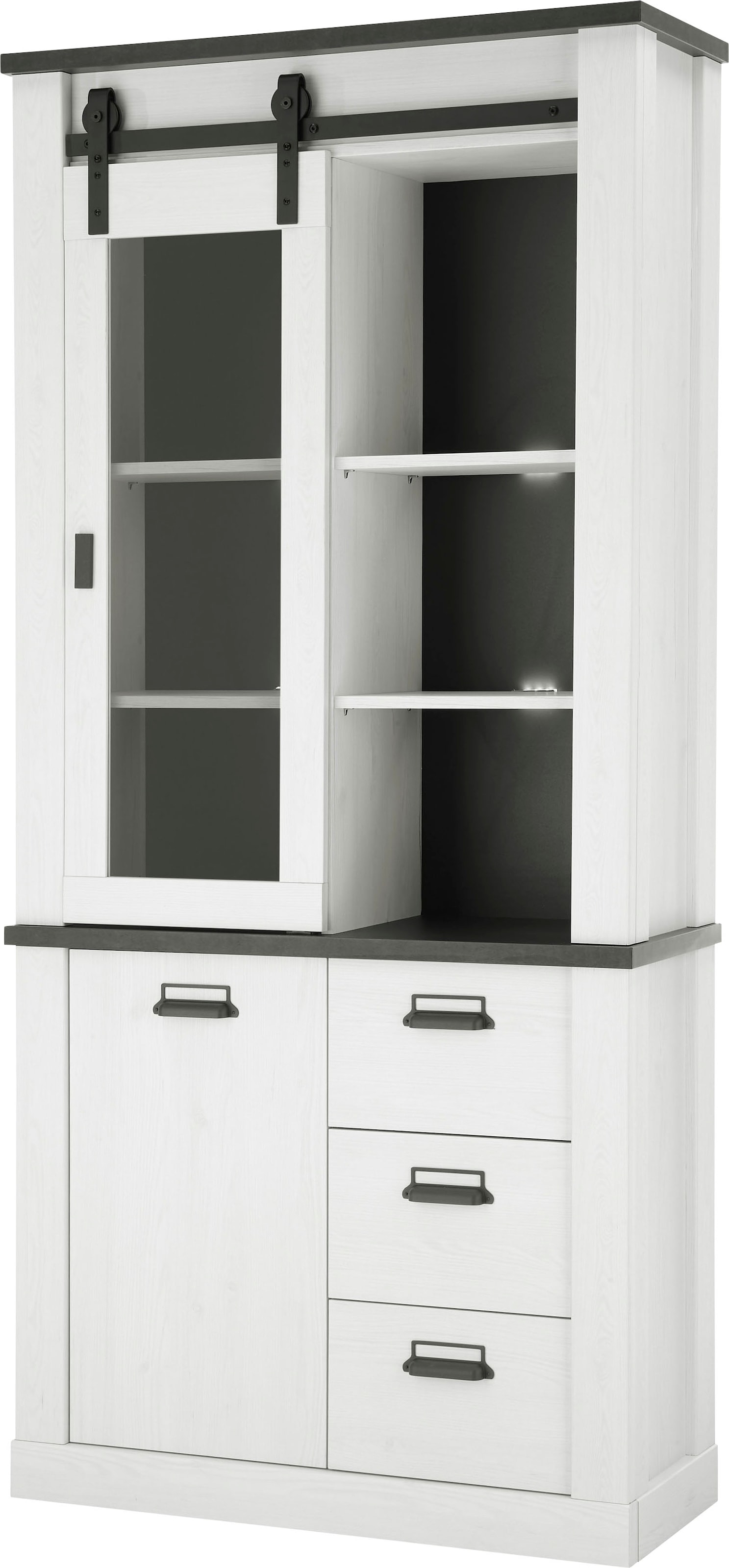 Home affaire Vitrine "Sherwood, Hochschrank im Industrial-Style, moderne Glasvitrine" Scheunentorbeschlag und Apothekergriffe aus Metall, Höhe 201 cm
