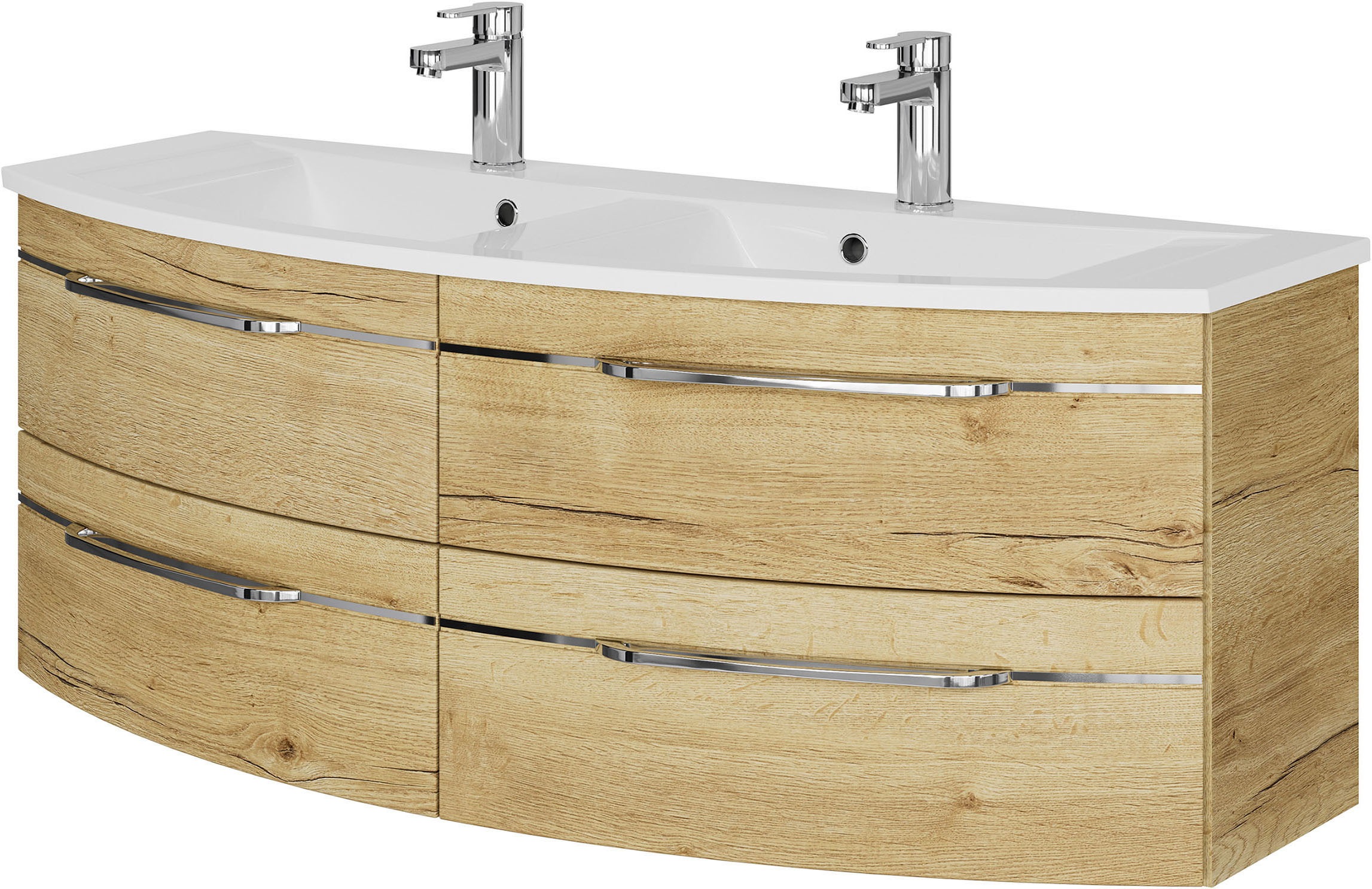 Saphir Badmöbel-Set »Badezimmer-Set 133,2 cm breit, inkl. Türdämpfer, 3 Türen, 4 Schubladen«, (Set, 2 St.), Serie 7045 2-teilig Mineralmarmor-Doppelwaschtisch, LED-Spiegelschrank
