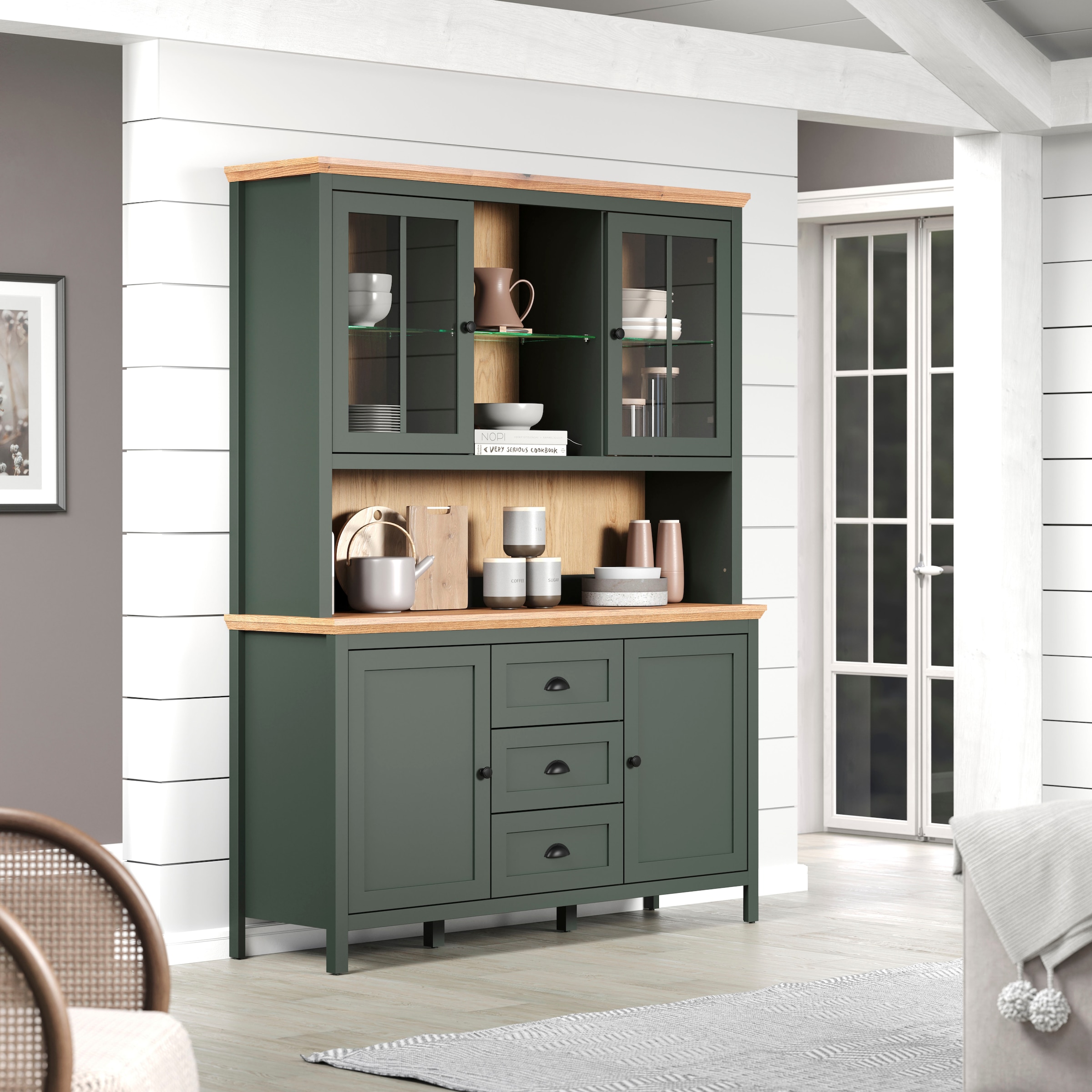Home affaire Buffet »Vienna« Set, 2 Stk. tlg. Küchenbuffet im Landhausstil, inkl. Beleuchtung - (B/T/H) 146/39/112cm