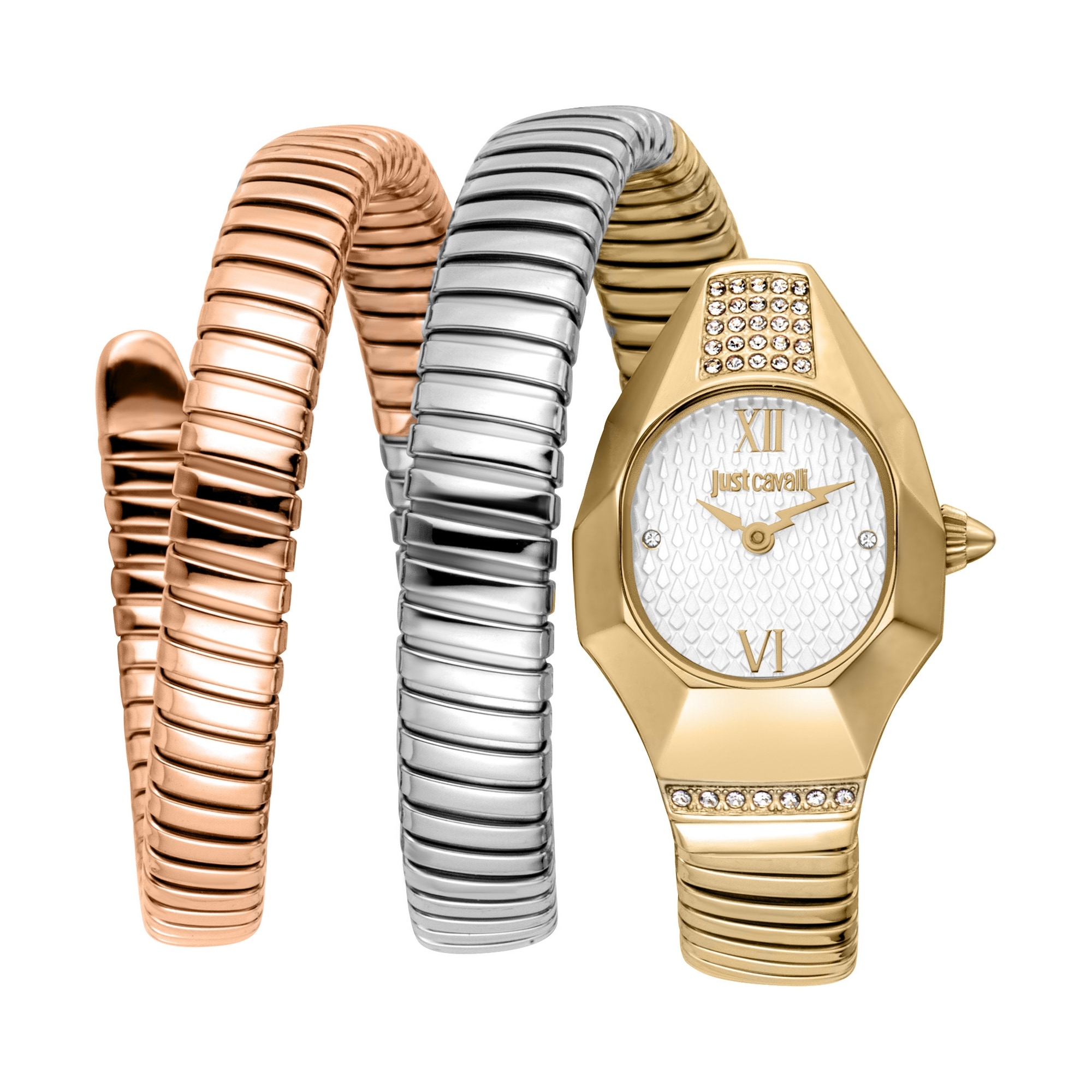 Quarzuhr JUST CAVALLI TIME "Signature Snake", silberfarben, goldfarben, roségoldfarben, Armbanduhren, Damen, Quarzuhr, Armbanduhr, Damenuhr, Edelstahlarmband, analog, Kristallsteine
