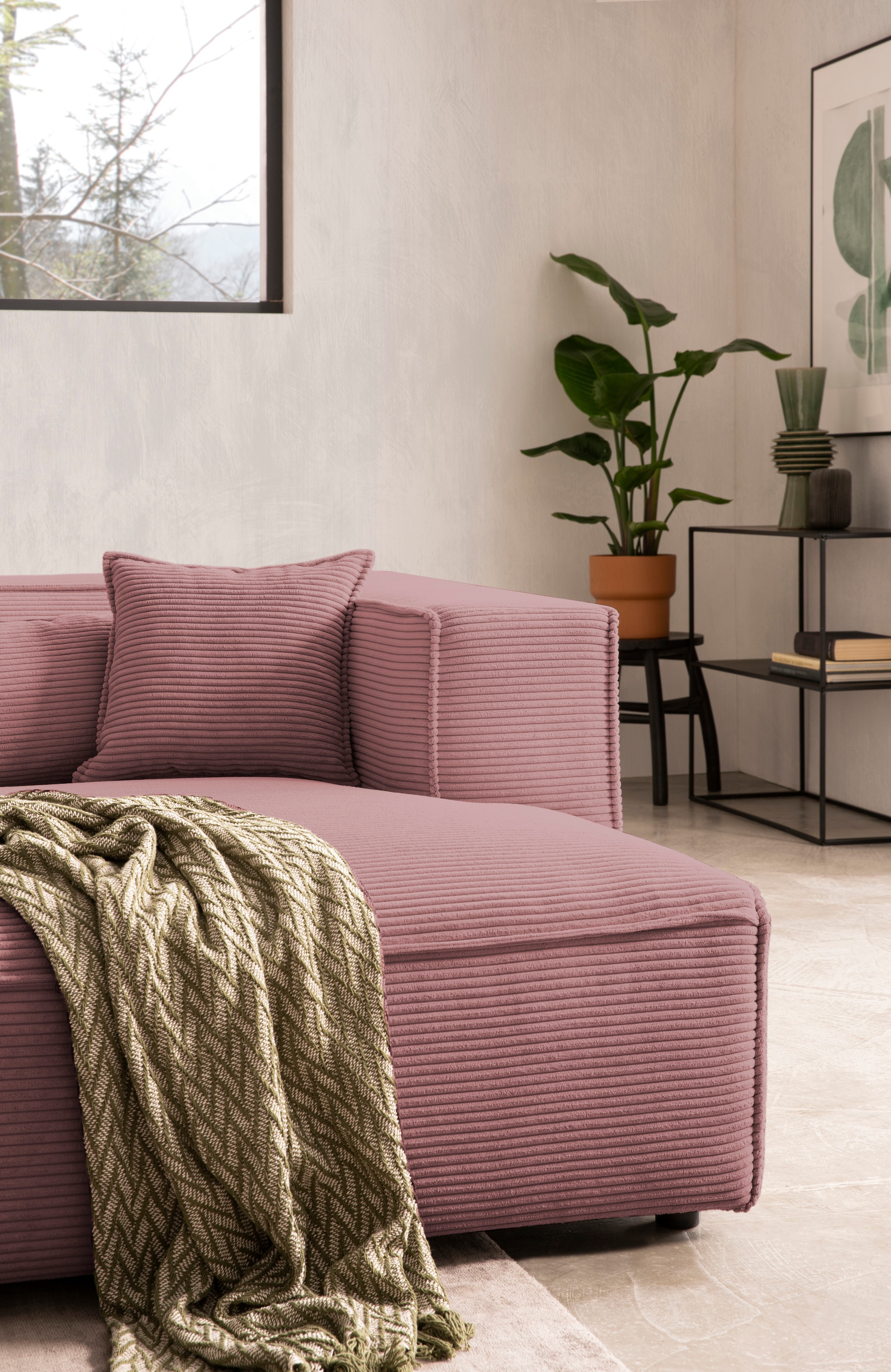 LeGer Home by Lena Gercke Ecksofa »PIARA mit Kedernaht in Cord oder Leinenoptik, moderne Couch in L-Form«, wahlweise Ottomane rechts/links, schwarze Füße, bequemer Sitzkomfort