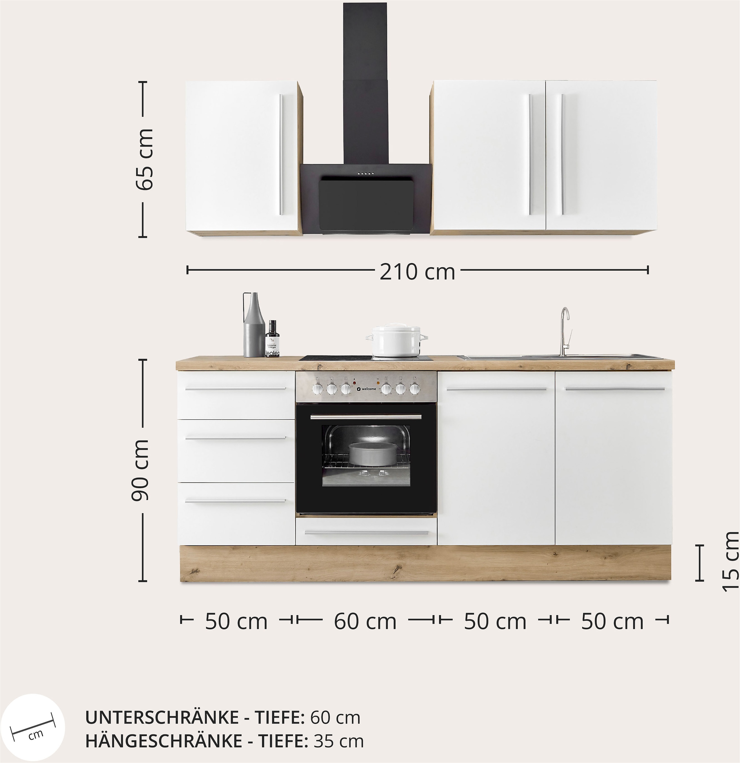 KOCHSTATION Küchenzeile »KS-Florida mit 38mm starker Arbeitsplatte« Breite 210 cm, wahlweise mit E-Geräten, Soft-Close-Funktion