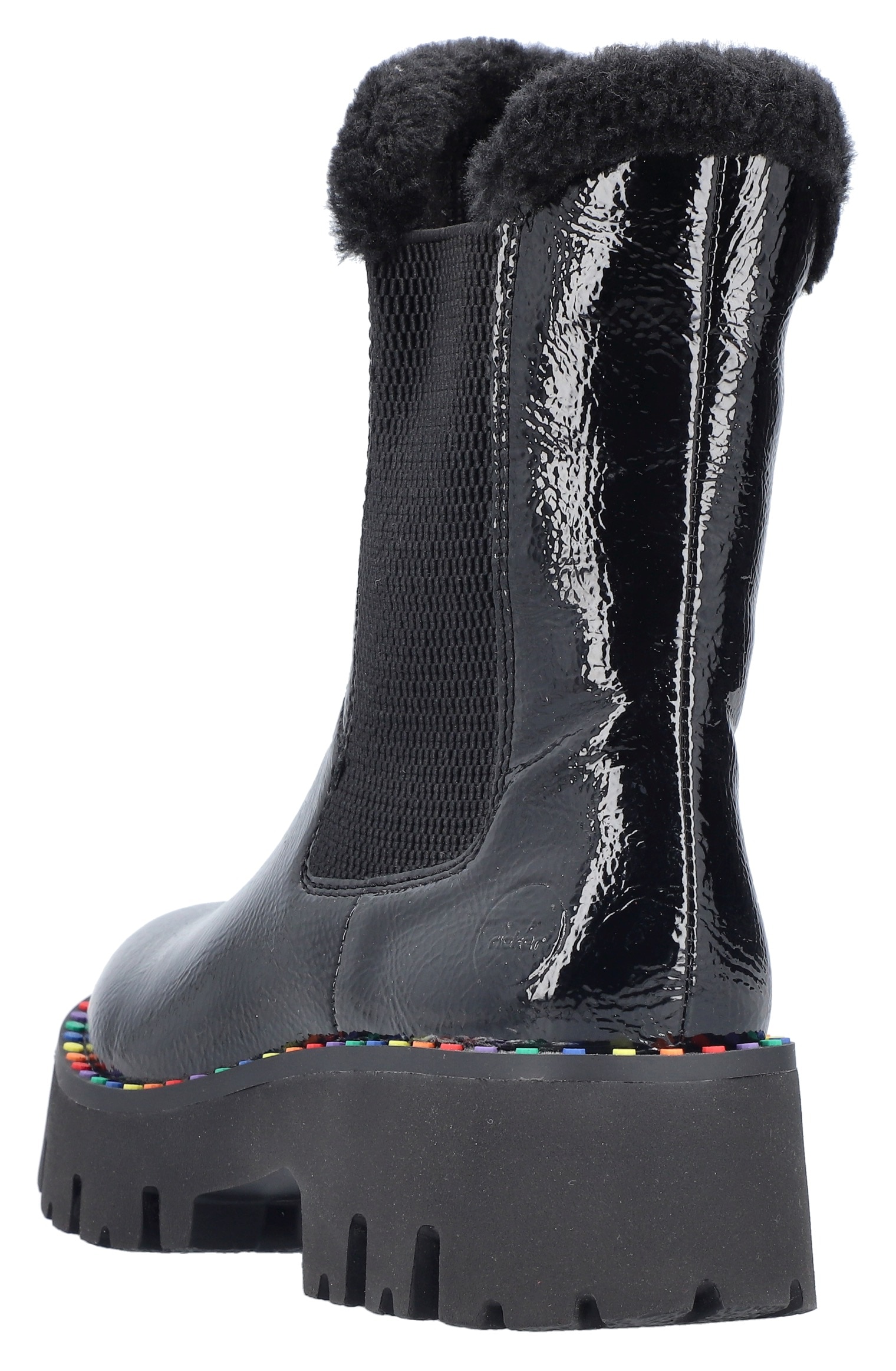 Rieker Winterstiefelette, Plateauboots, Winterboots, Lack-Stiefelette mit buntem Sohlenrand