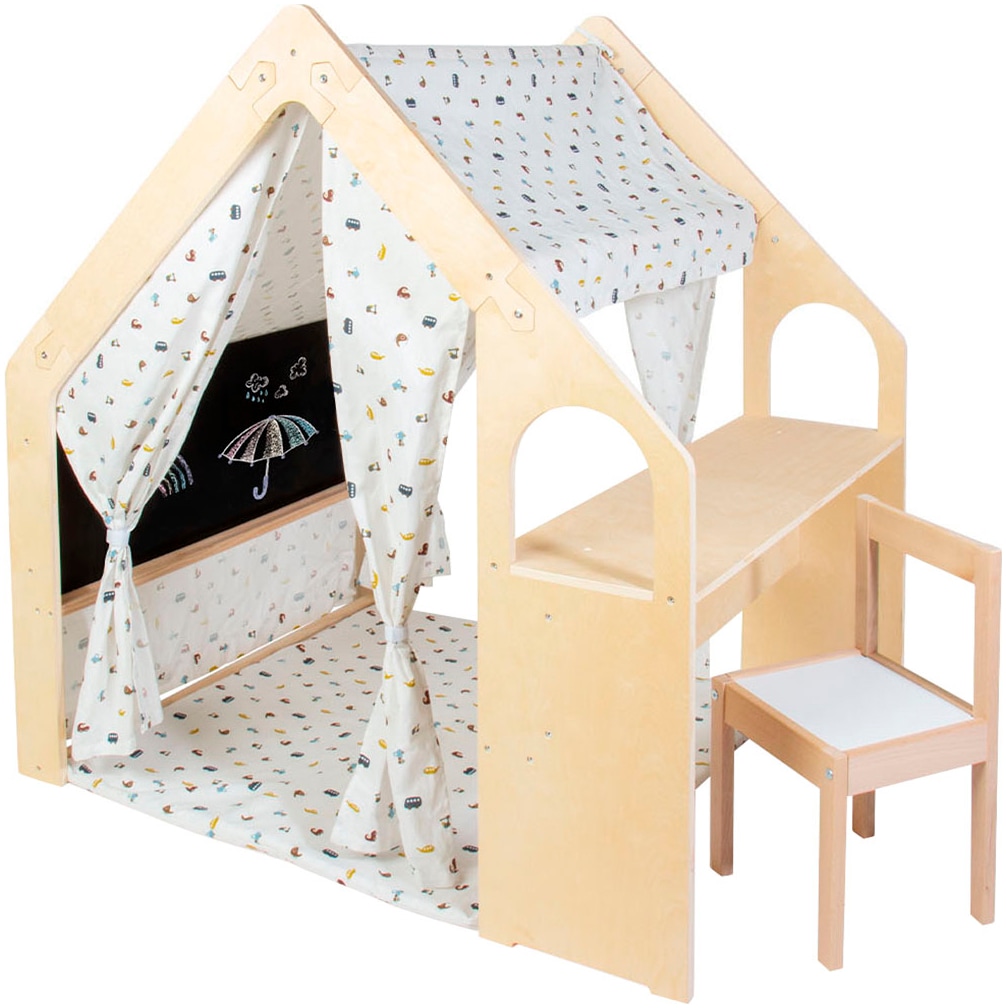 PINOLINO Jungen Spielhaus "Thilda, inkl. Stoffdach Dessin "Kleine Flitzer", 3-tlg.", bunt, Holz, B:119cm H:122cm T:94cm, Spielhäuser