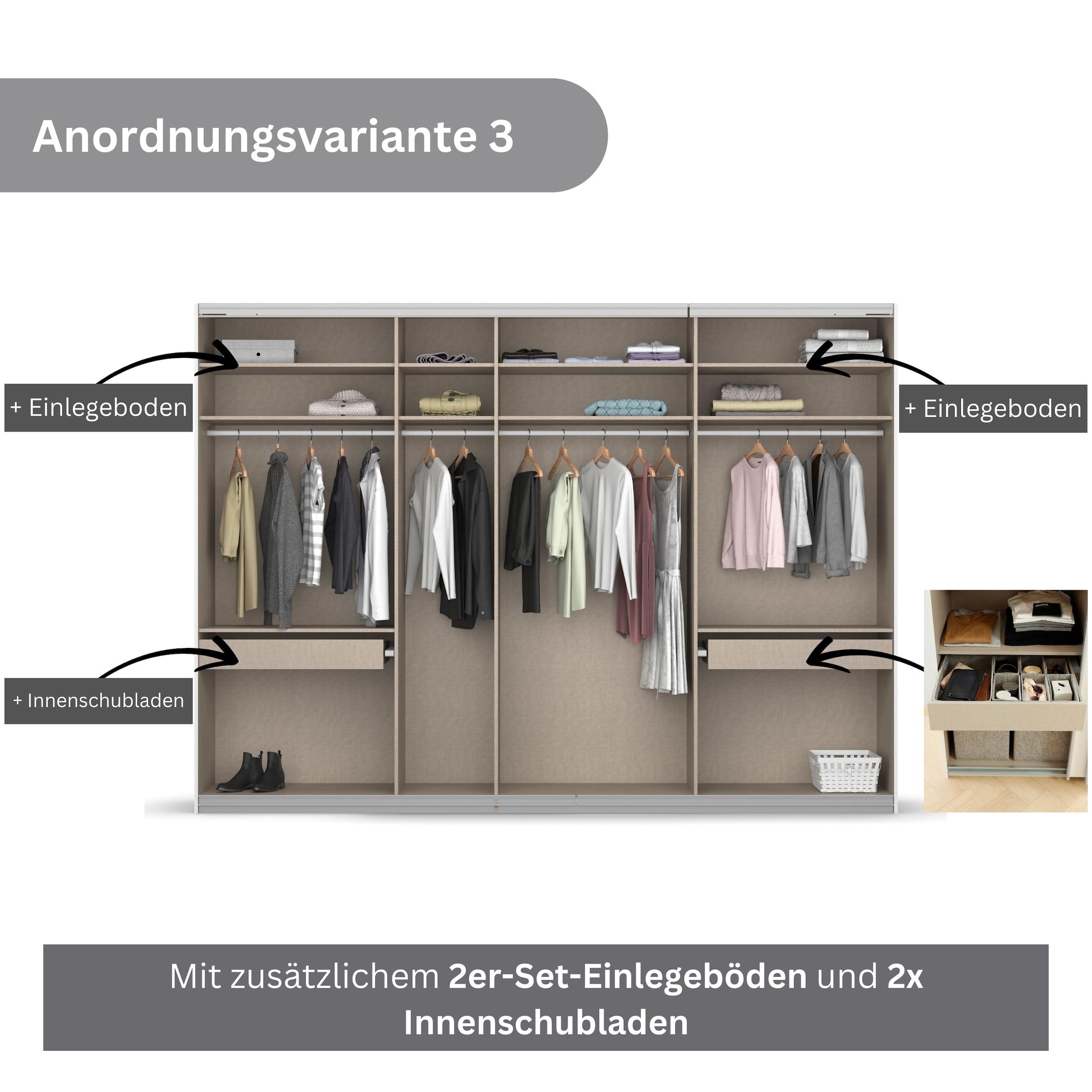 rauch Schwebetürenschrank »Kleiderschrank Schrank Garderobe KOLUNA mit Glastüren und Spiegel«, inkl. 2 Innenschubladen sowie extra Einlegeböden MADE IN GERMANY