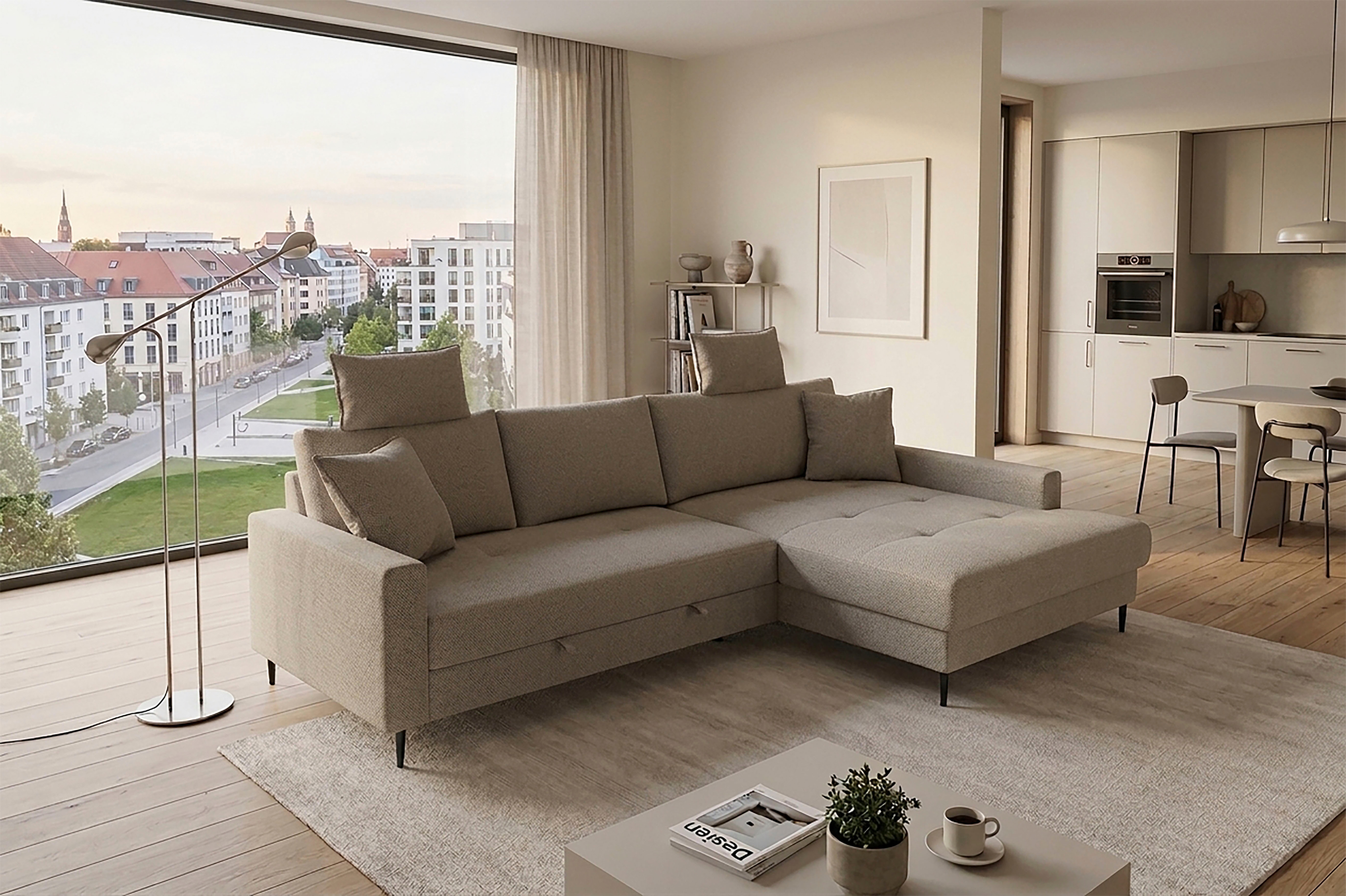 Trends by HG Ecksofa "Summer L-Form, B: 284 cm, Schlaffunktion, 2 Zierkissen" mit Kopfstützen, Wellenfederung, frei stellbar