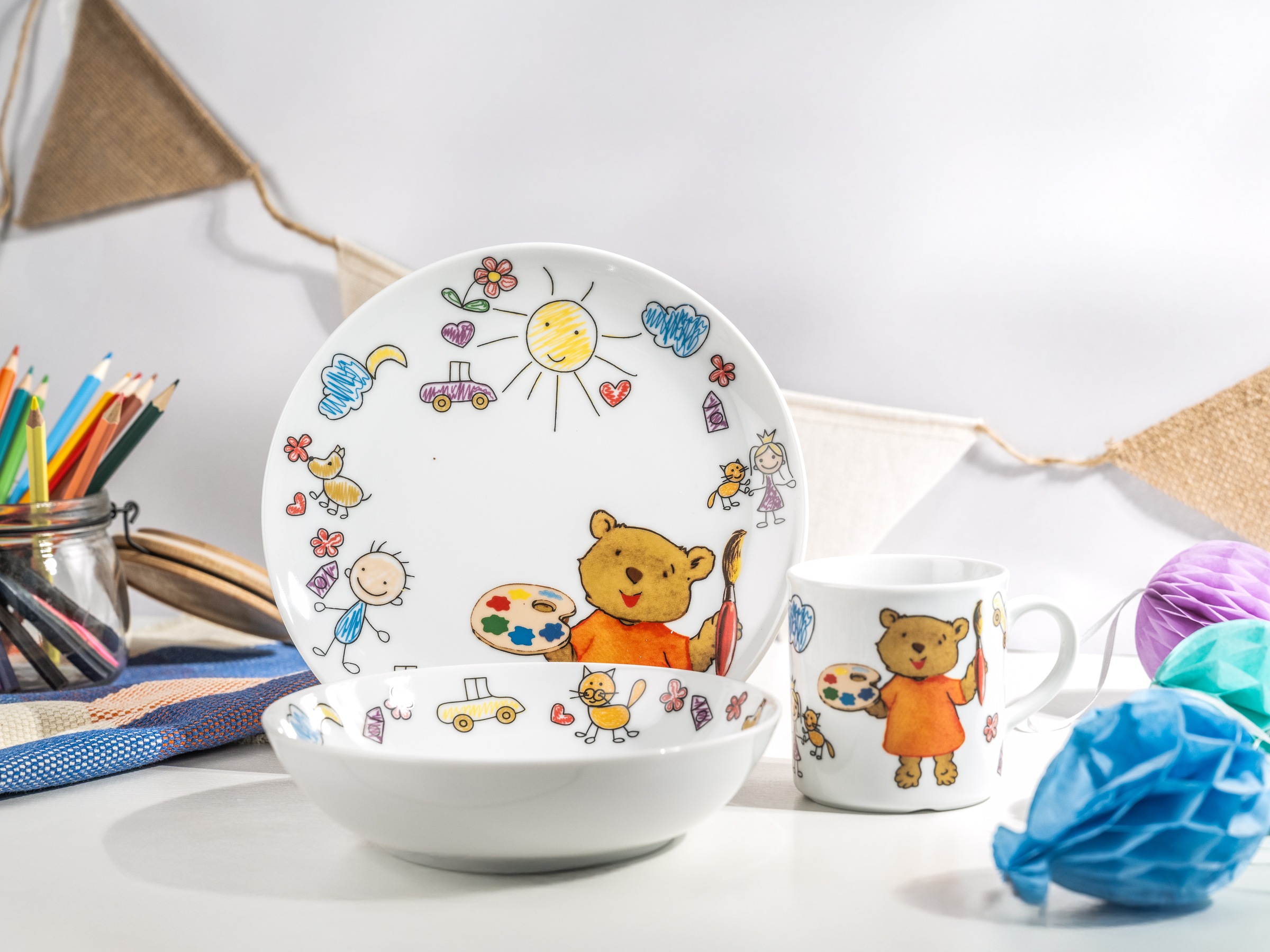 CreaTable Kindergeschirr-Set »Teddy«, (Set, 3 tlg., 1 Kinderteller, 1 Kinderbecher, 1 Kinderschale im Set), Made in Europe, 3 Teile, für 1 Person