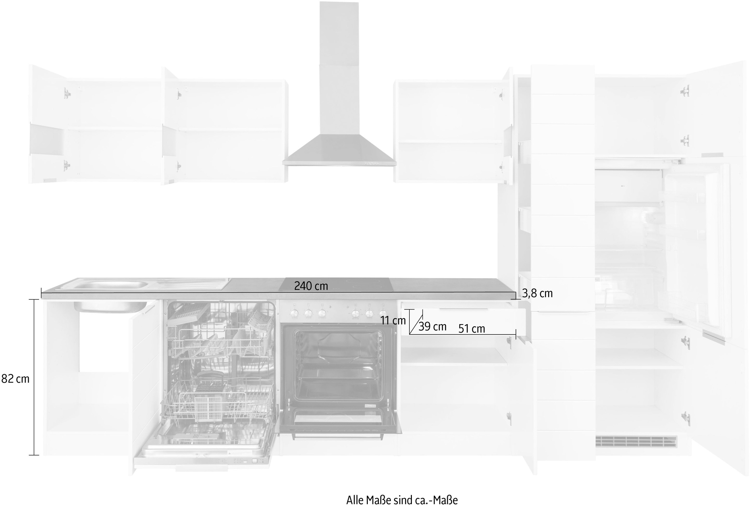 Kochstation Küche »KS-Luhe«, 330 cm breit, wahlweise mit oder ohne E-Geräten, gefräste MDF-Fronten