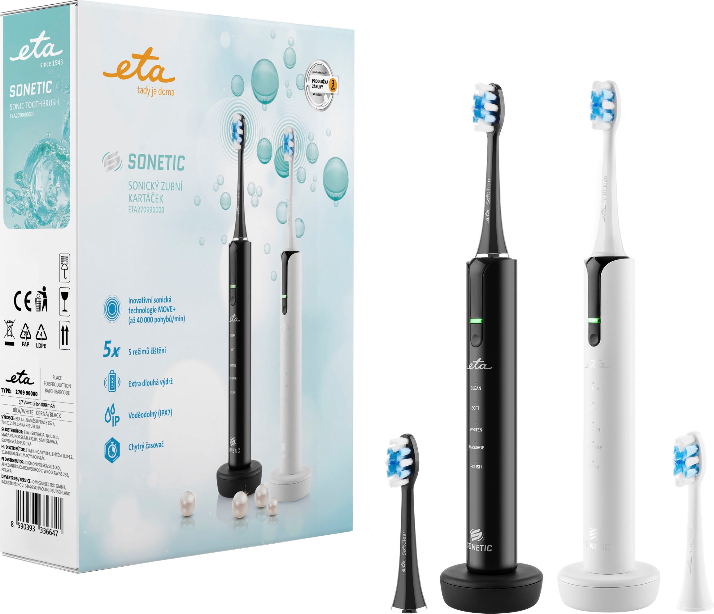 ETA Kinder Schallzahnbürste "Sonetic ETA270990000", schwarz-weiß, Kunststoff, B:5,5cm H:27cm T:5,5cm, Elektrozahnbürsten, Innovative