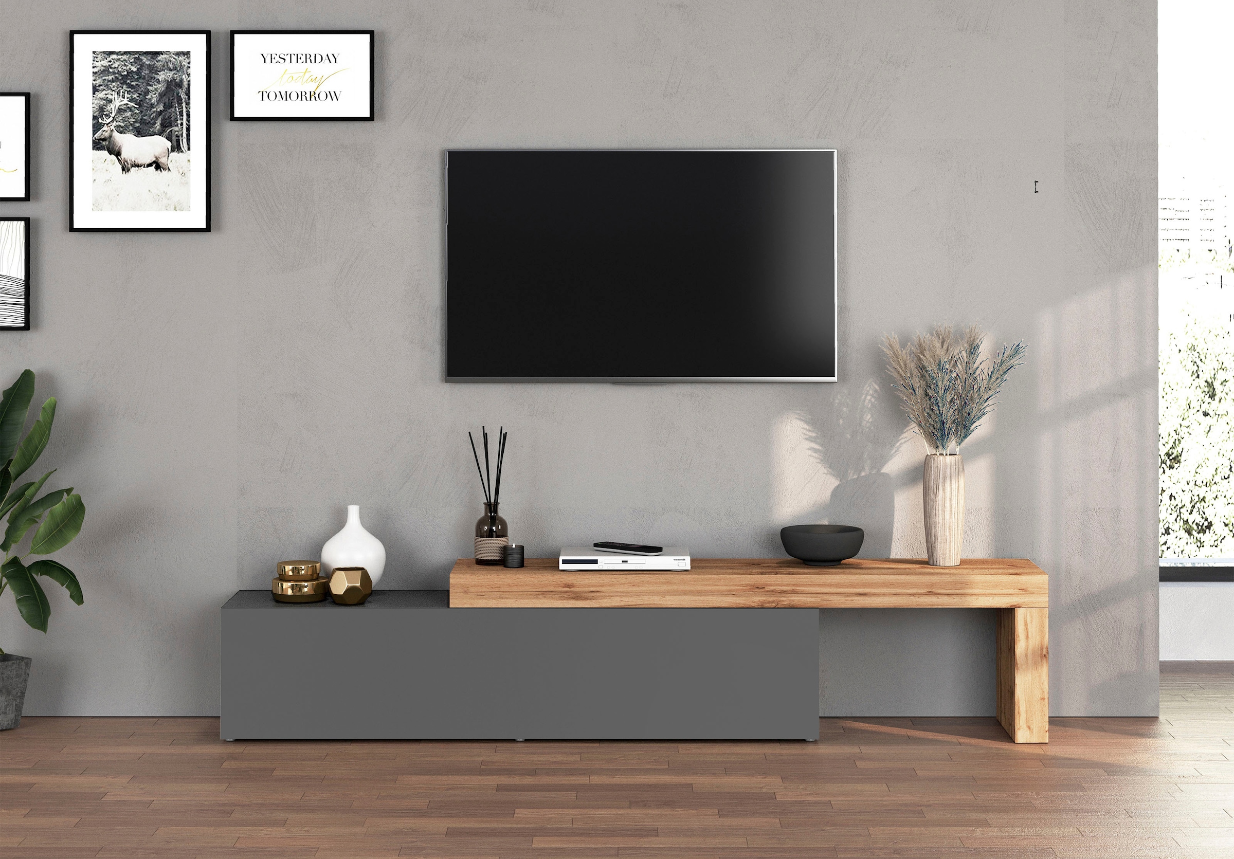 INOSIGN Lowboard »Chronos TV-Board, TV-Schrank« Breite verstellbar von 190 bis 350 cm, 1 Stk. tlg. Breite 270 cm TV-Board,Lowboard,1 Klappe und ein L-Förmiger Aufsatz