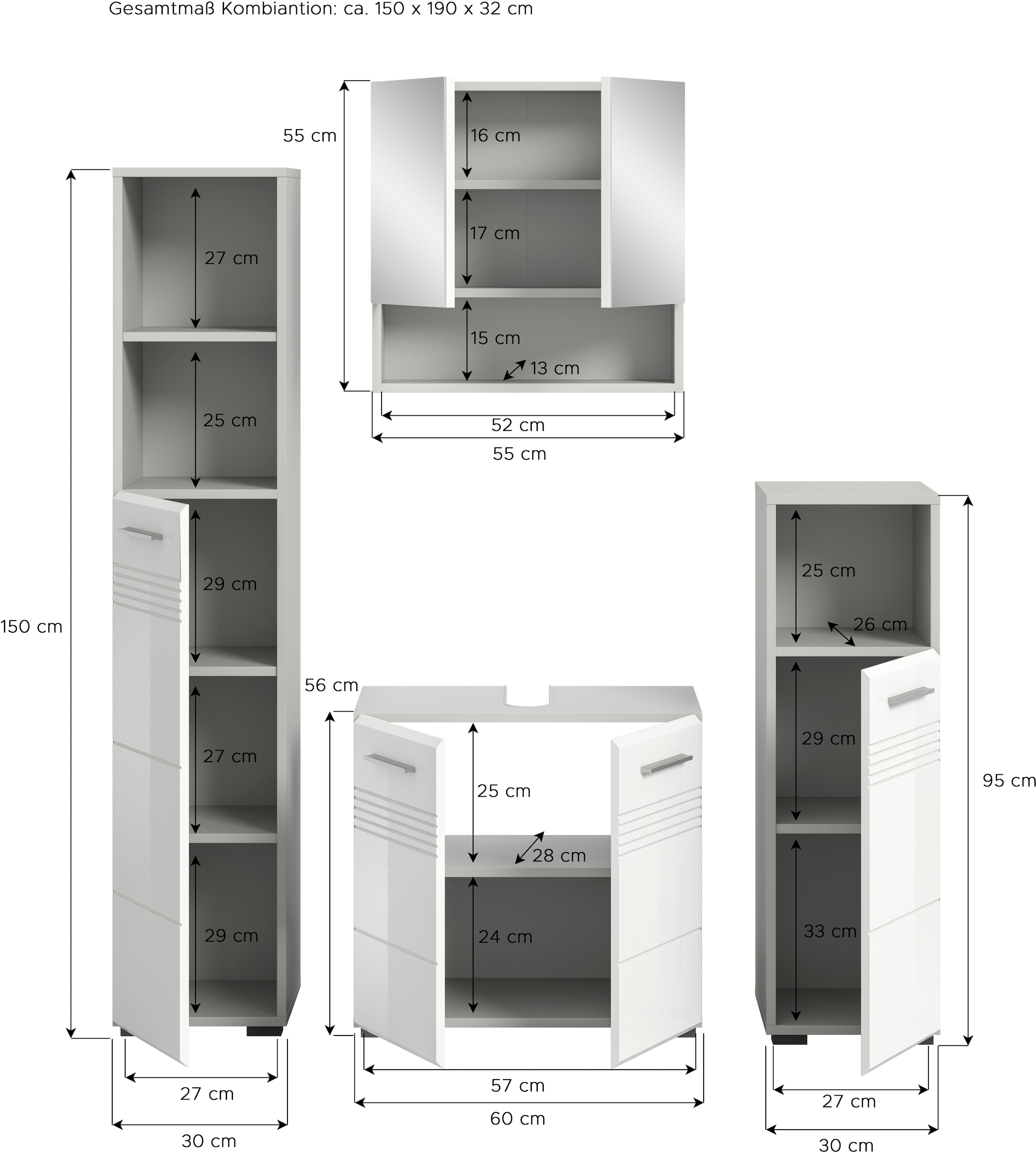 welltime Badmöbel-Set »Calicio, bestehend aus: Hochschrank, Waschbeckenunterschrank,«, (4 St.), Spiegelschrank, Unterschrank, hochwertige MDF Front mit Rillenfräsung