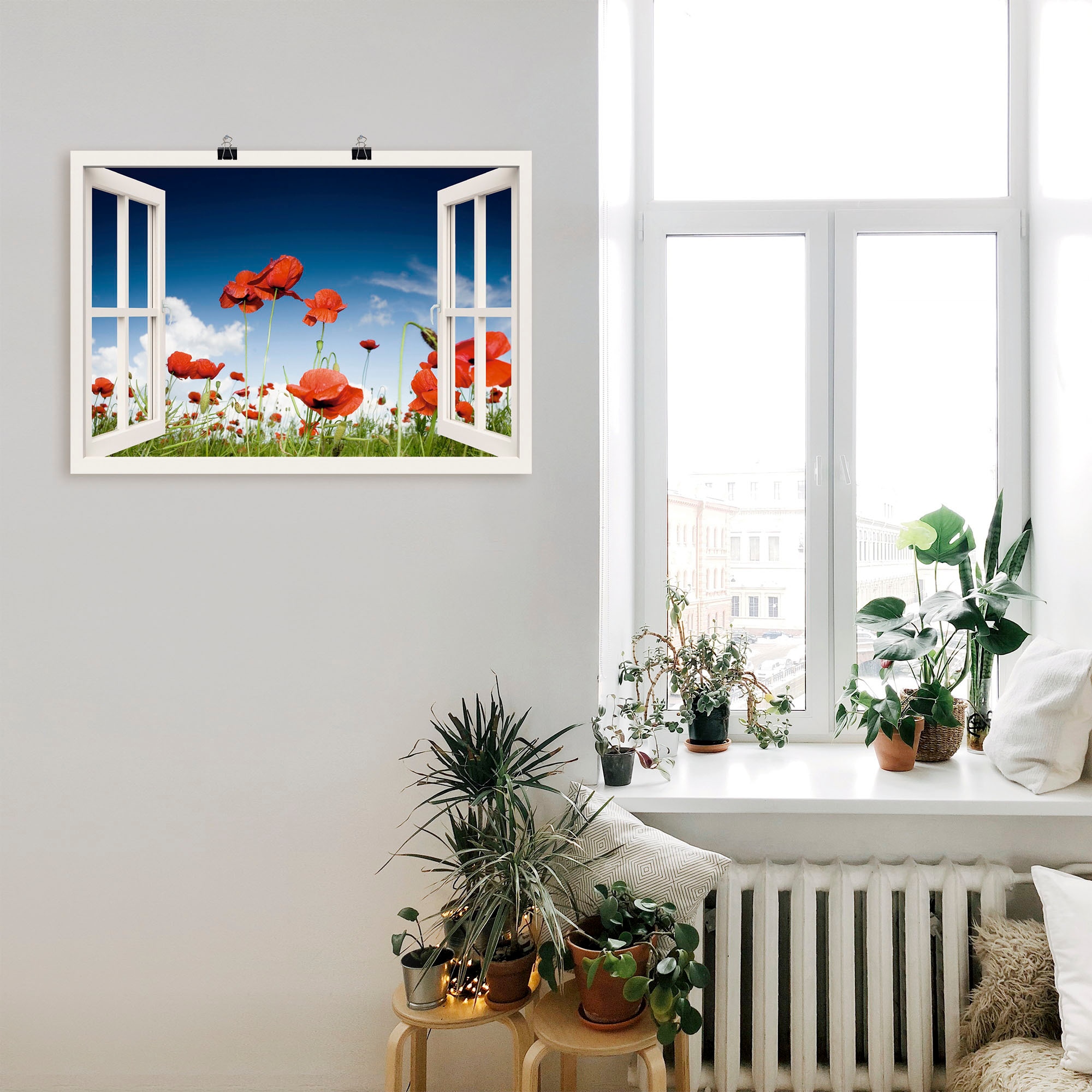 Artland Wandbild »Fensterblick Feld mit Mohnblumen«, Fensterblick, (1 St.), als Leinwandbild, Poster, Wandaufkleber in verschied. Größen