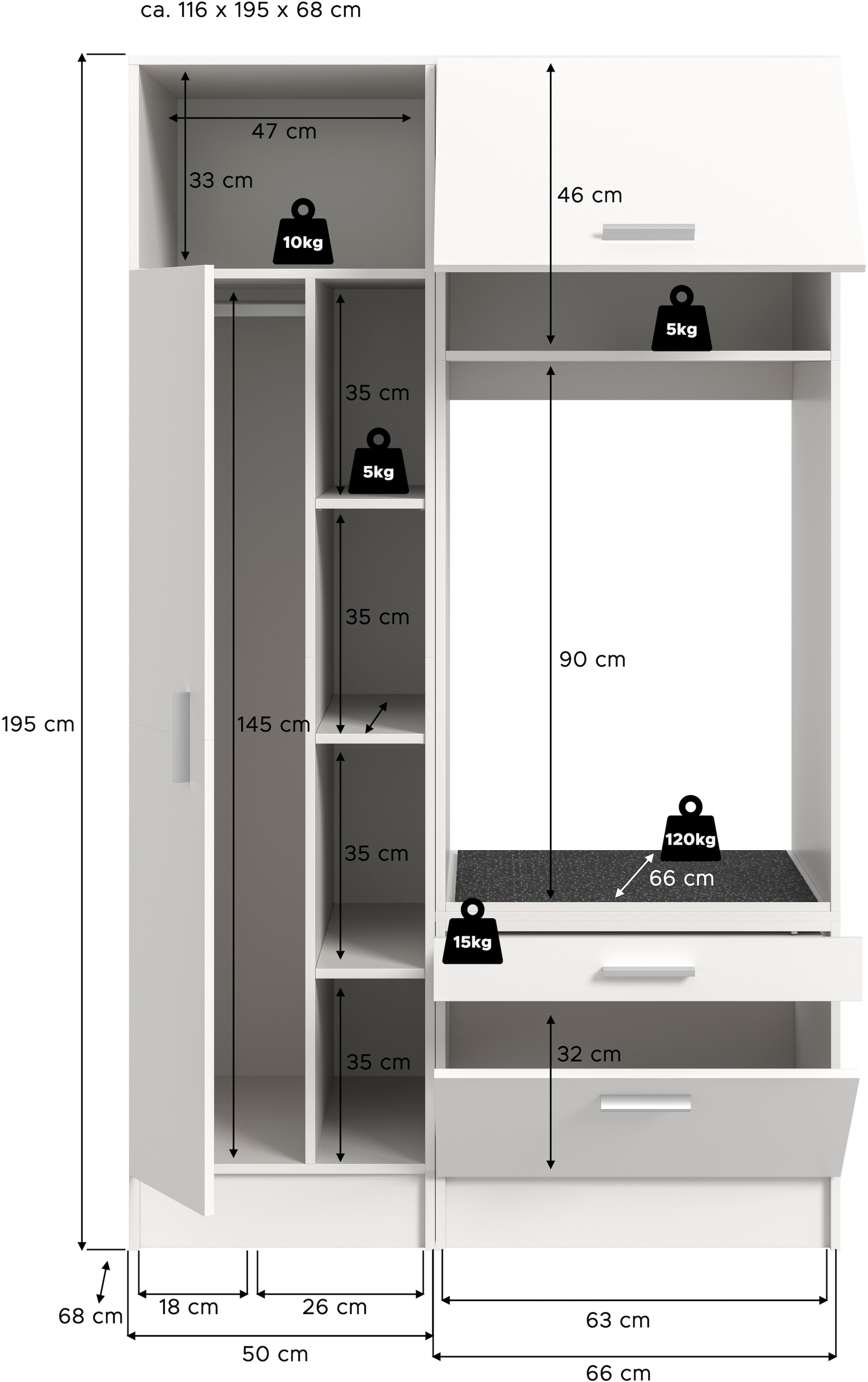 welltime Badmöbel-Set »FALAS, TOPSELLER!, 2-teilig, Hauswirtschaftsraum Set, Breite 116 cm«, (Set, 2 St., bestehend aus: 1x Mehrzweckschrank & 1x Waschmaschinenumbauschrank), Kombination, Waschmaschinenumbau, Waschmaschinenschrank, Wäschekammer