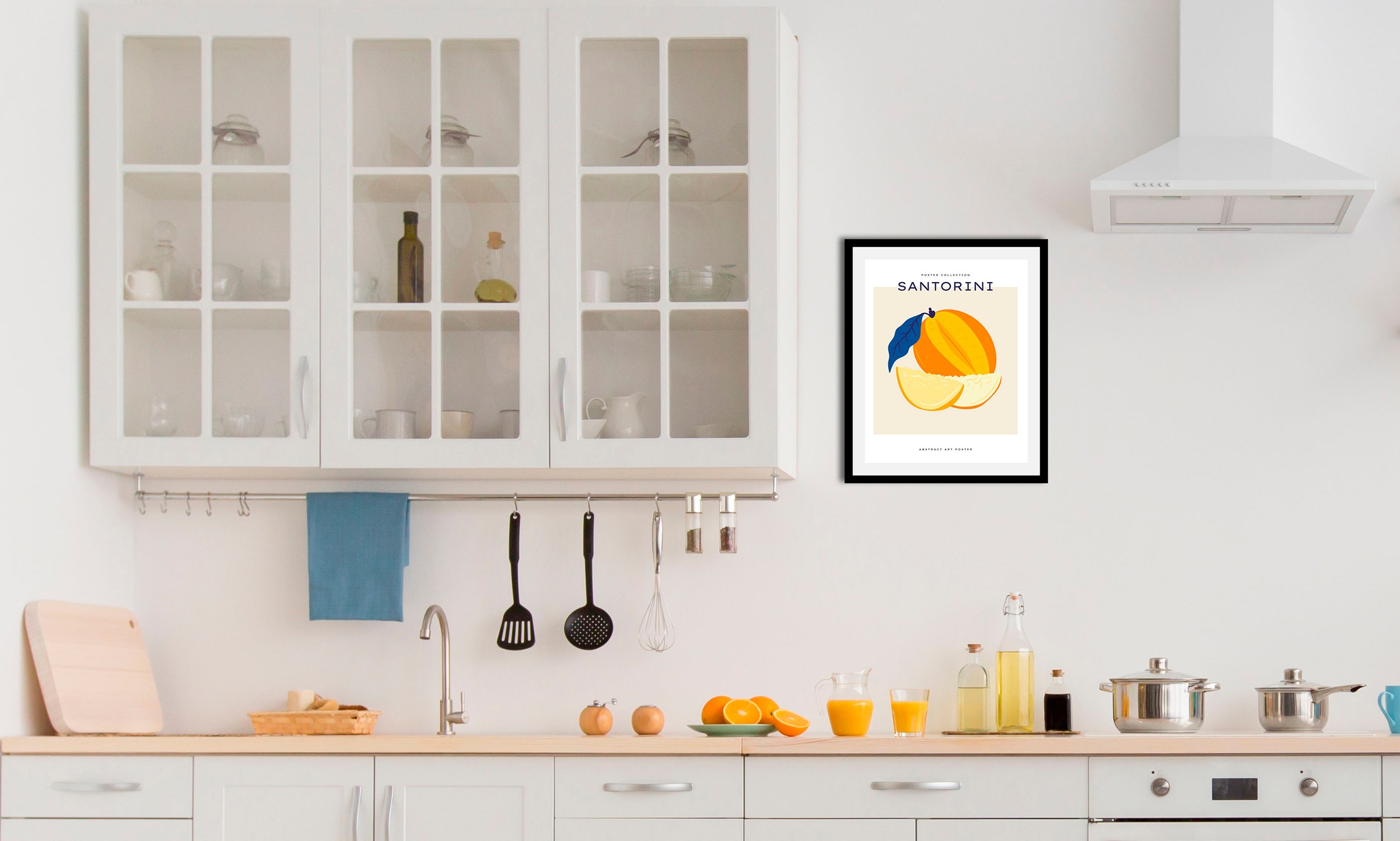 queence Bild »Santorini«, Obst-Obst Bilder-Kunst-Abstrakt-Essen-Lebensmittel-Figuren, (1 St.), HD Premium Poster-Druck inkl. Holzrahmen