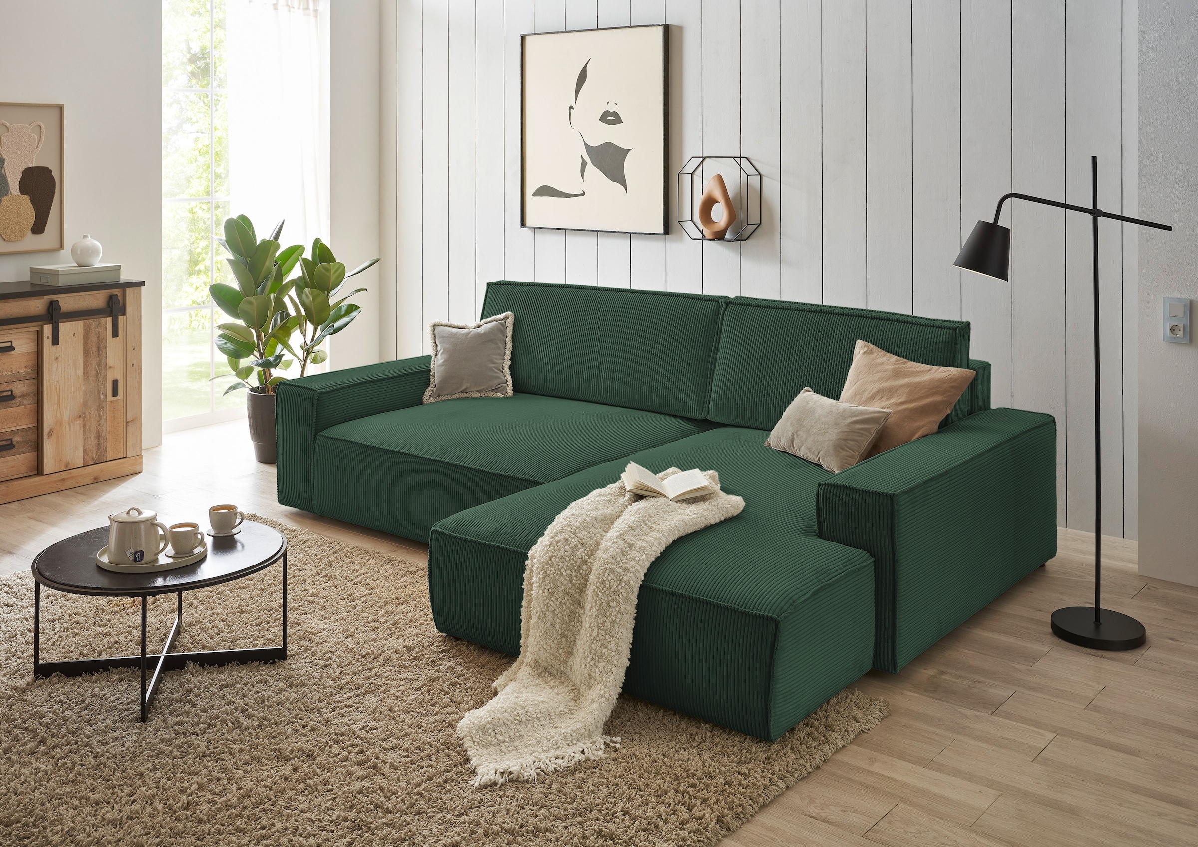 Home affaire Ecksofa »NEU: SHERWOODL XXL 284, Big-Sofa L-Form, tiefe Sitzfläche 95 cm, Cord,«, Leinenoptik, Recamiere rechts/links, auch als Schlafsofa stellbar
