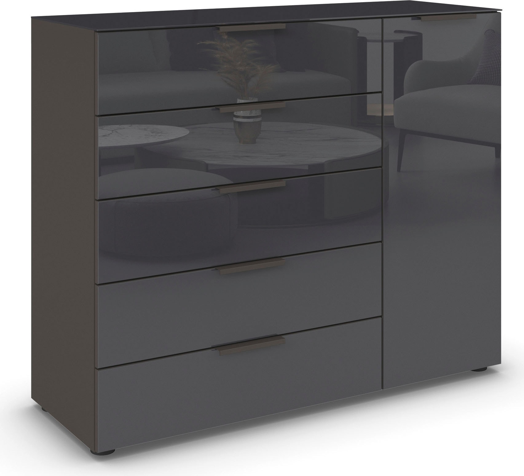 rauch Schubkastenkommode "Kommode Türkommode Sideboard Kombikommode FLIPP mit Glasfront" Breite 120 cm mit 2 Einlegeböden, 1-türig, 5 Schubladen, Soft-Close-Funktion, Oberboden und Front Glas