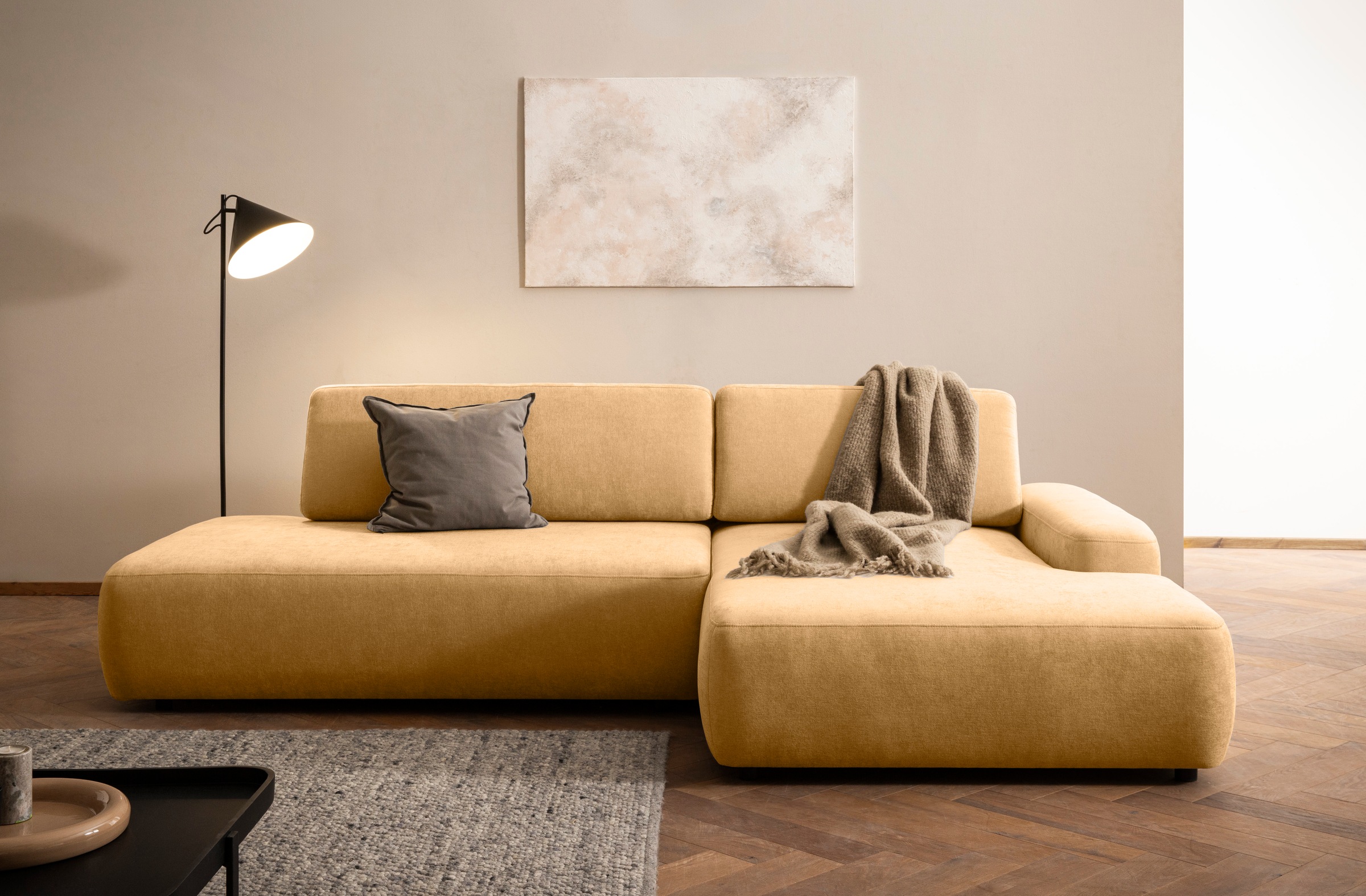 INOSIGN Ecksofa »TORGE, Schlafsofa Cord, Samtvelours u. Strukur fein, Couch in L-Form«, Schlaffunktion und Bettkasten, Liegefläche: 210x125 cm, neues Design