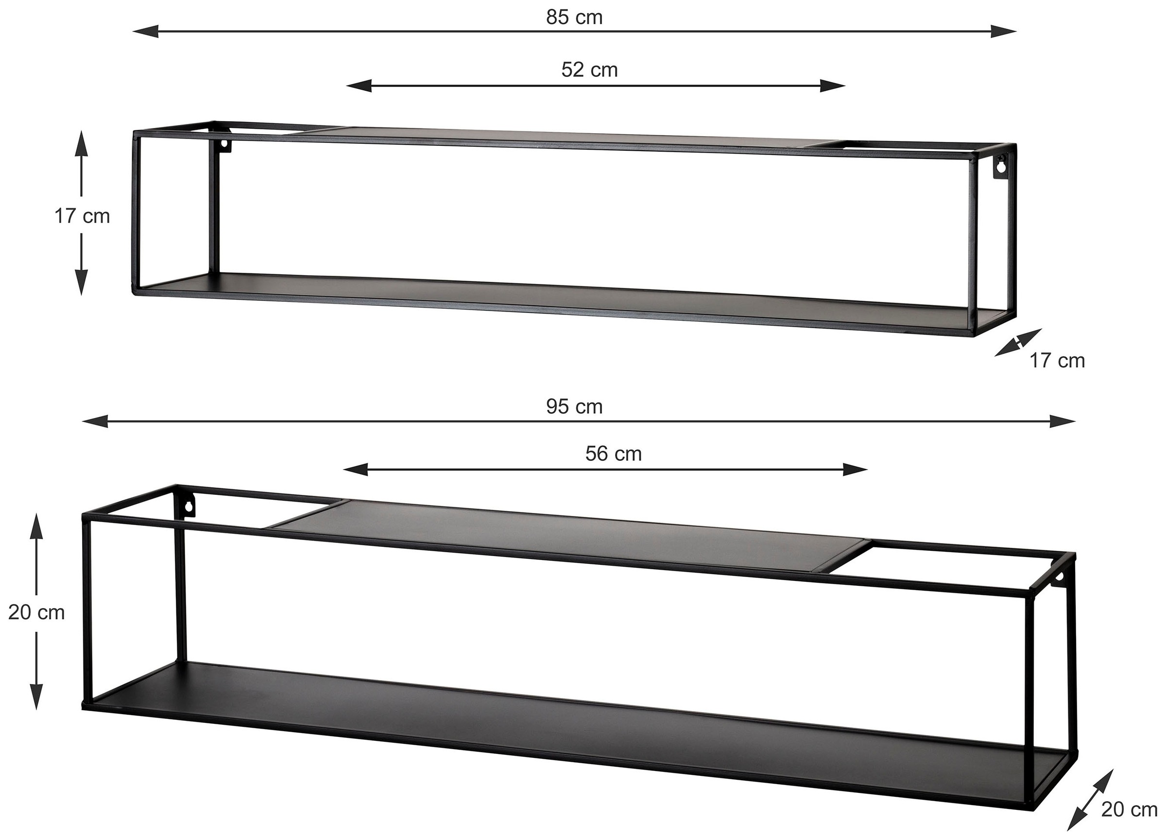 HAKU Wandregal »Hängeregal, Wandboard« Set,  rechteckig - aus Metall Schwarz - B/T/H 85/17/17 und 95/20/20 cm
