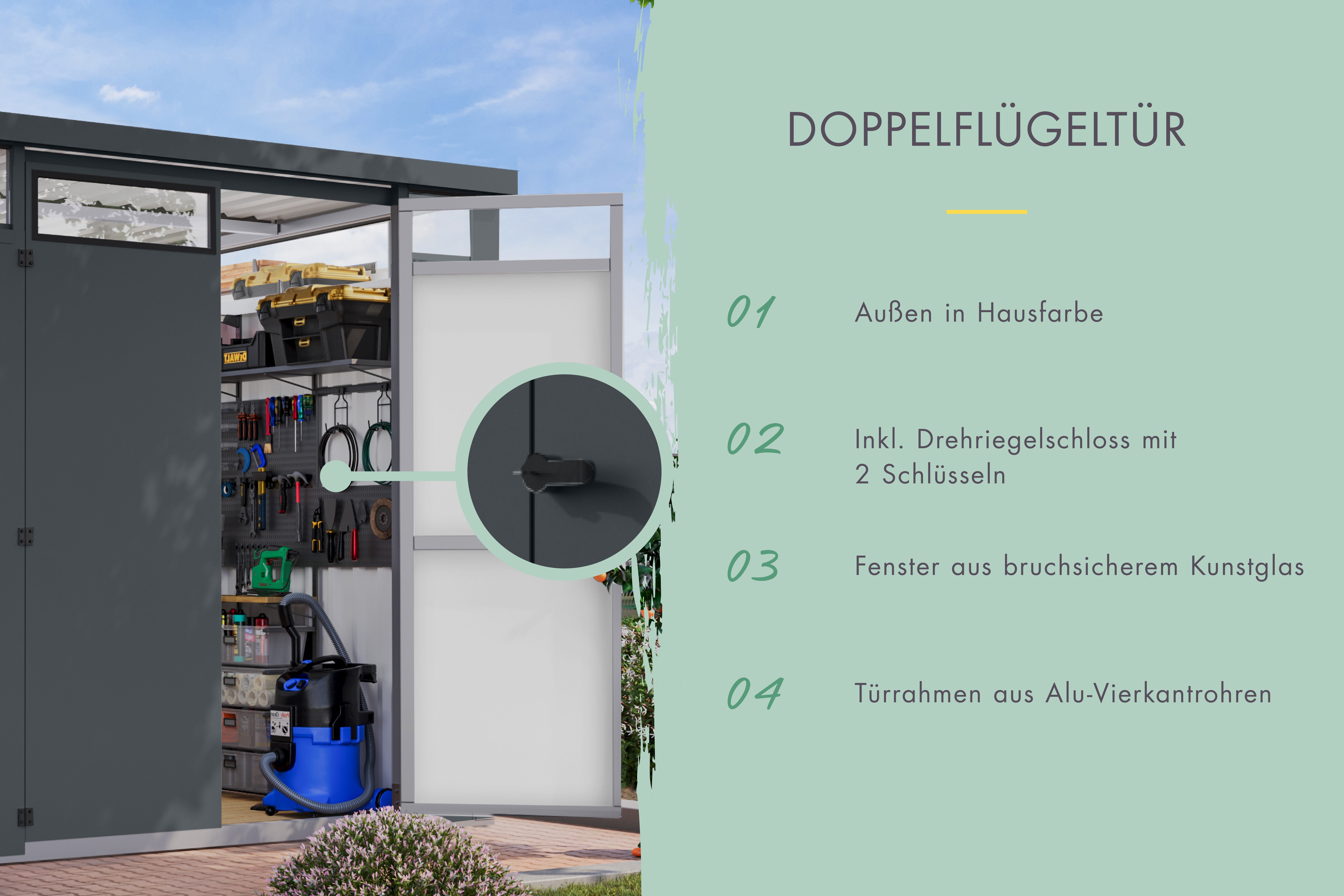 Thumbnail - Karibu Gartenhaus ""Østen 4" SET mit Anbaudach 2,25 m", pulverbeschichtetes Trapezblech, Rahmen aus verzinktem Vierkantr...