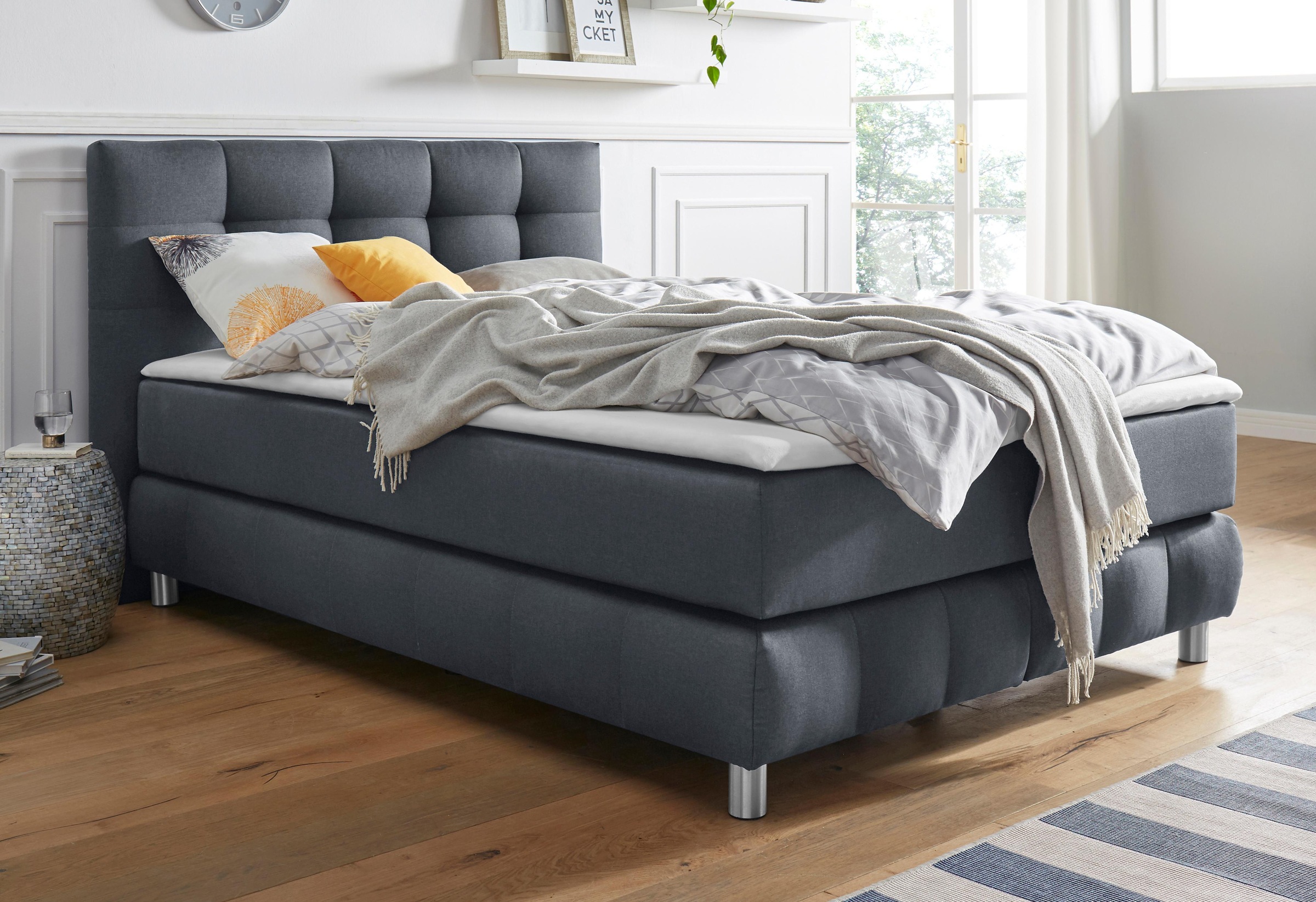 Boxspringbett HOME AFFAIRE "Salo", grau (anthrazit), B:154cm L:211cm, Struktur (100% Polyester);Bezug der Spiegelfläche Matratzendrell aus 100% Polyester;Samtoptik (100% Polyester), Komplettbetten, Boxspringbett, incl. Topper, 6 Breiten, 2 Härtegrade, TFK 7