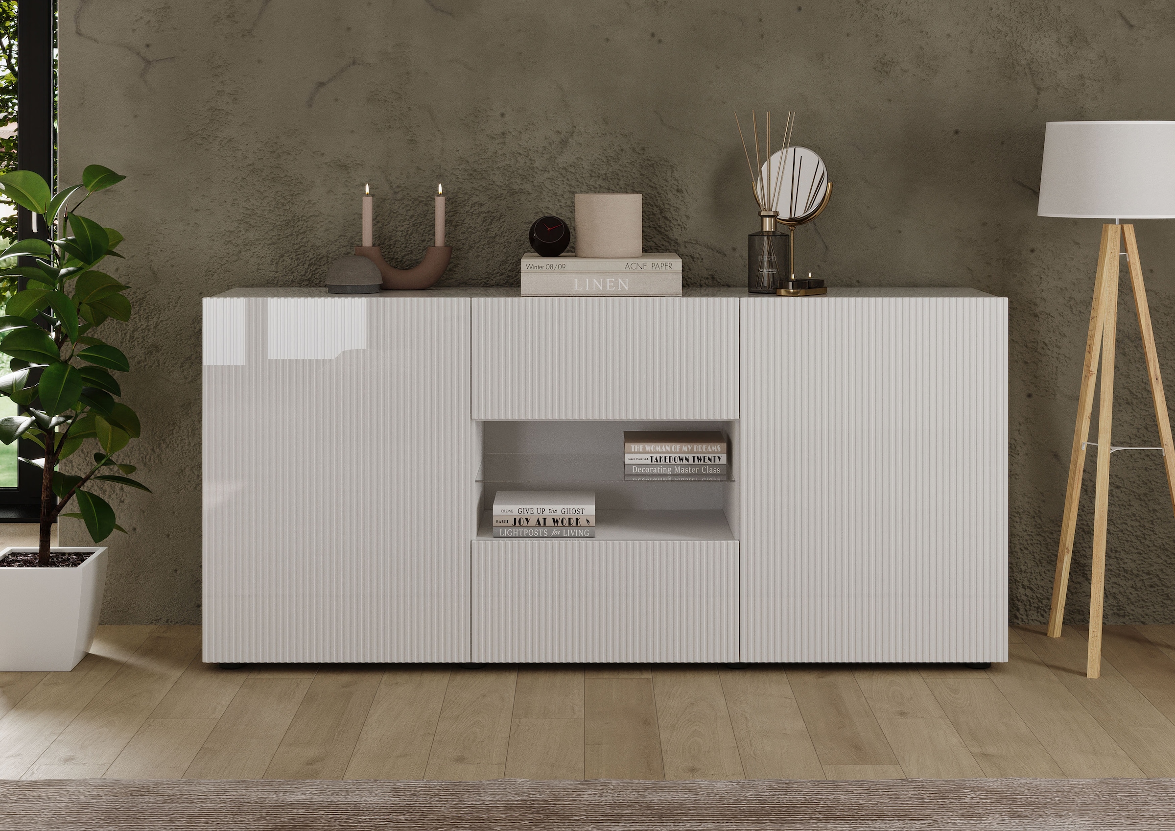 INOSIGN Sideboard »Rio Breite 181 cm, Kommode mit 2 Türen u. 2 Schubkästen,«, Anrichte, geriffelte Front, modern u. elegant, viel Stauraum