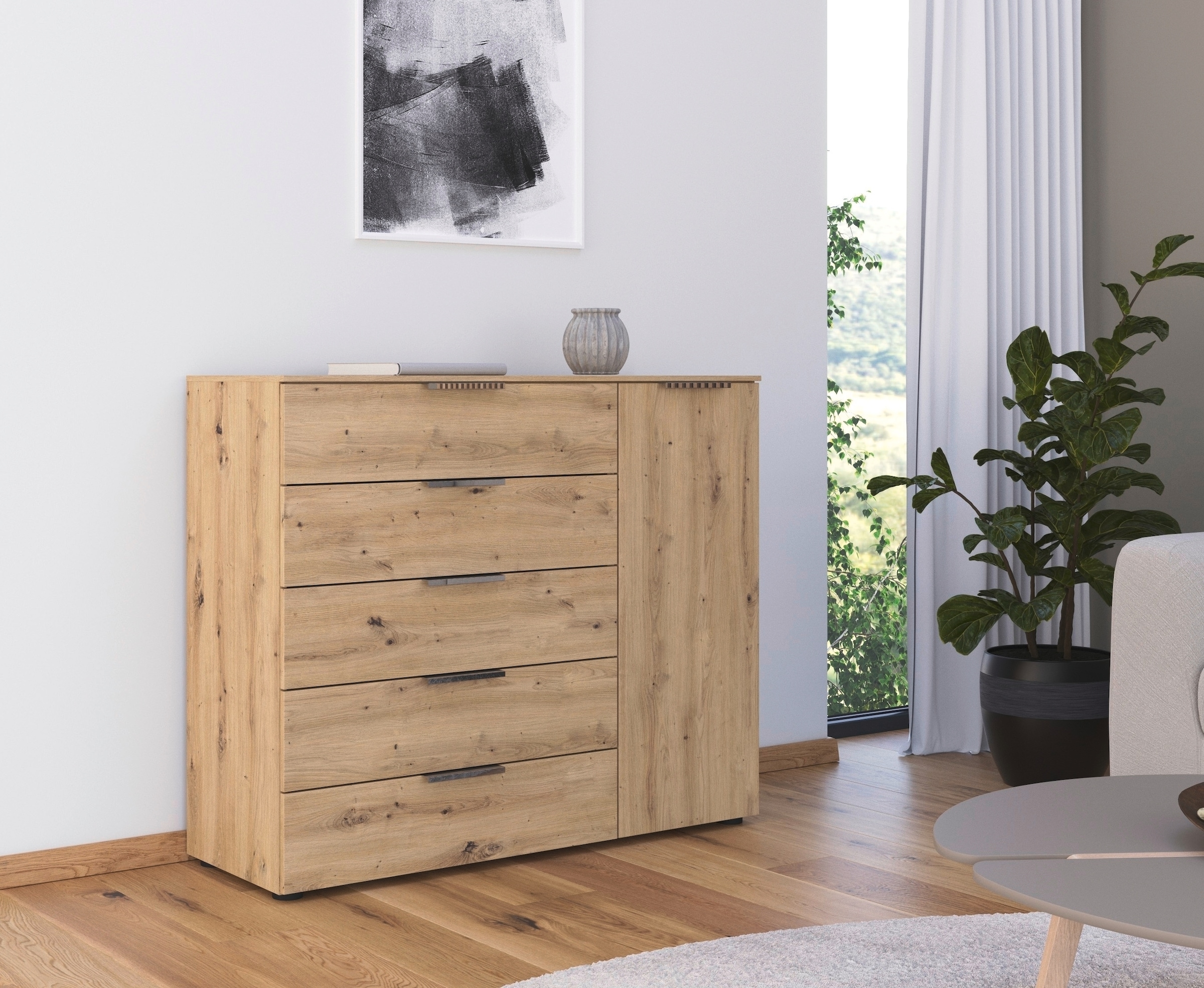 rauch Schubkastenkommode »Kommode Türkommode Sideboard Kombikommode FLIPP«, (Breite 120 cm mit 2 Einlegeböden), 1-türig mit 5 Schubladen und Soft-Close-Funktion