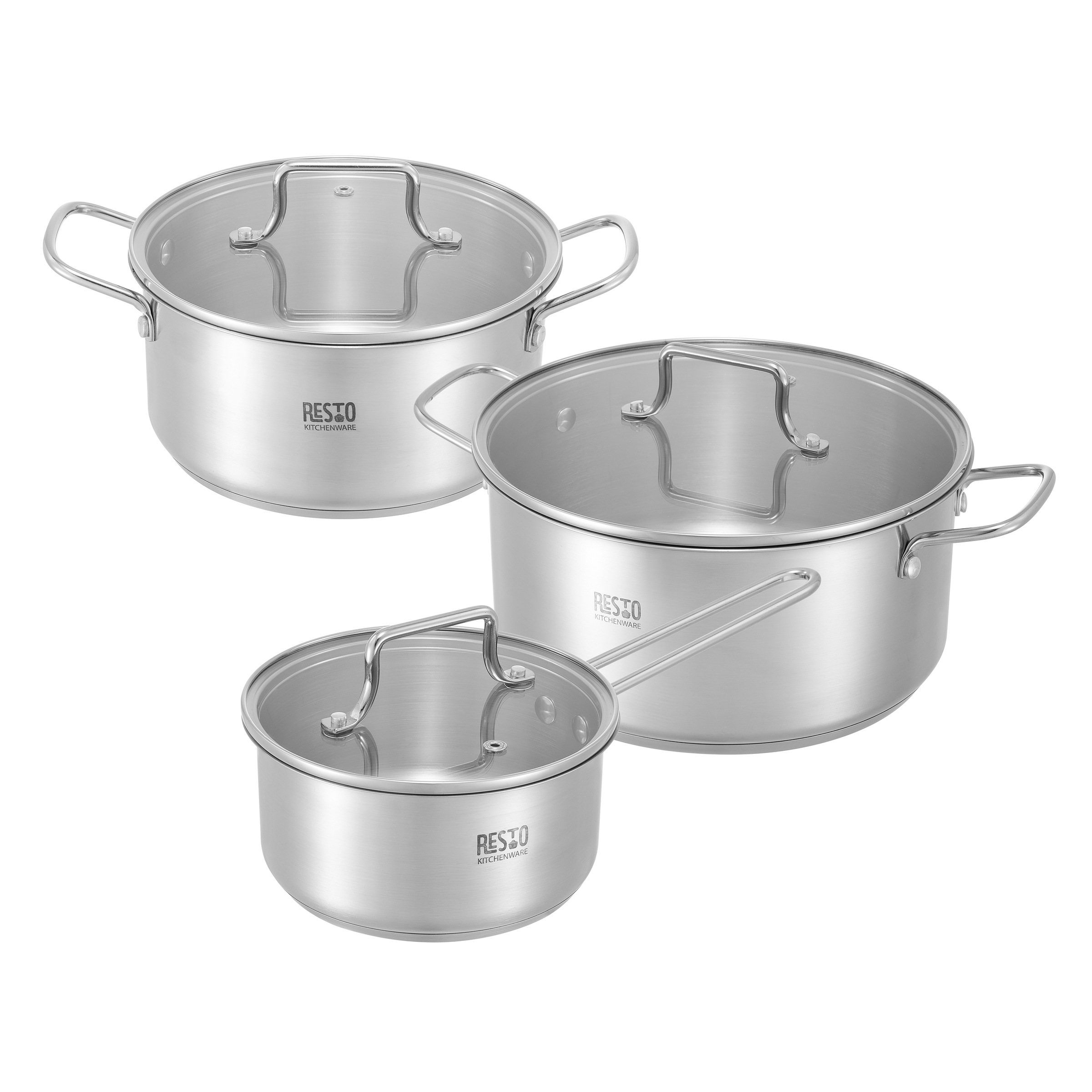 RESTO Kitchenware Topf-Set "GINAN im Geschenkkarton, spülmaschinengeeignet" Set, 1x Soßentopf Ø 16 cm mit Deckel, je 2x Kochtopf Ø 20/24 cm mit Deckel, 6 tlg. Edelstahl 18/10