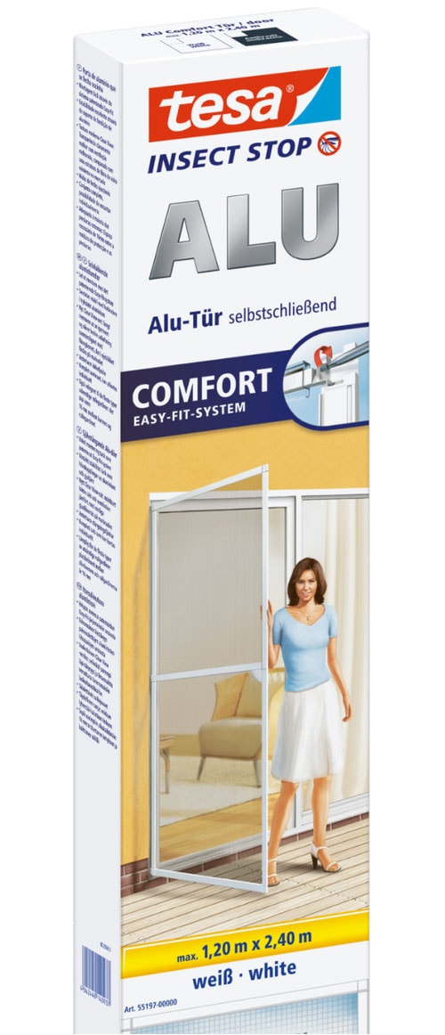 tesa "Aluminium Rahmen Fliegengitter für Türen XL & Clear View - 120x240cm" Packung, Fliegennetz, Aluminiumrahmen, 1 Stk. tlg. einfache Montage