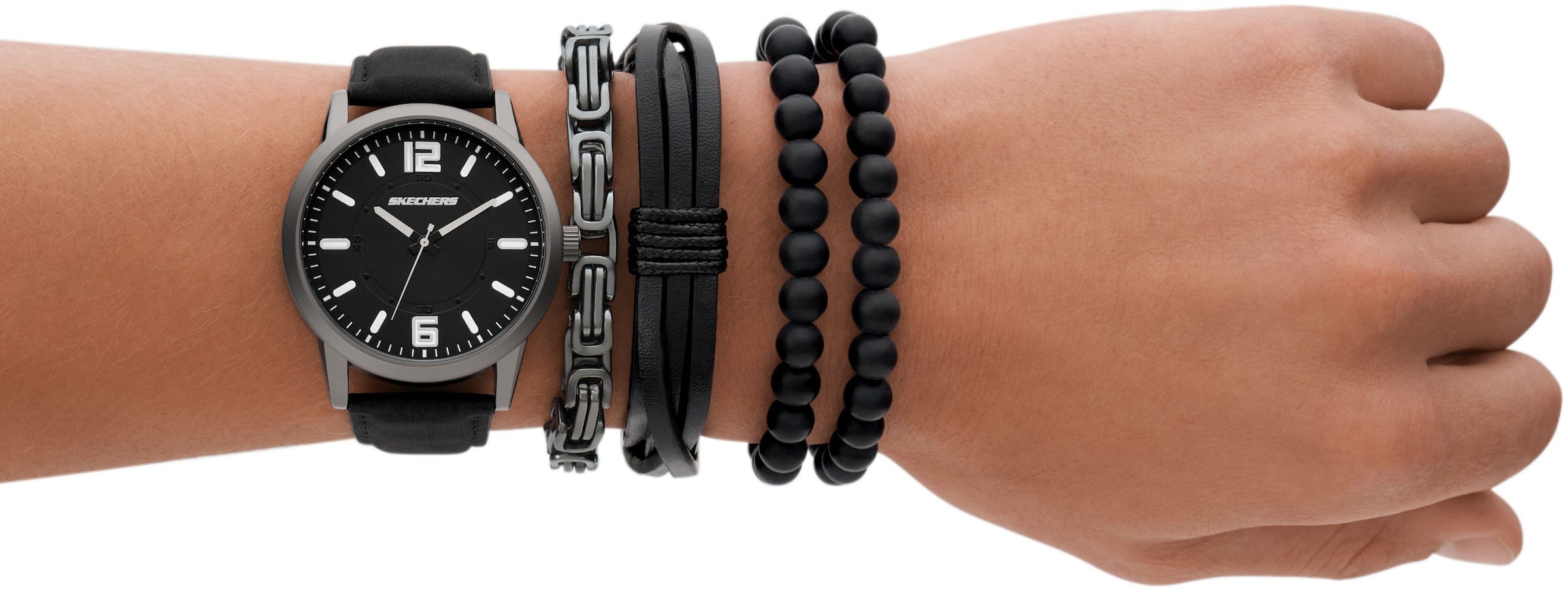 Skechers Quarzuhr, (Set, 5 tlg., mit 4 Schmuckarmbändern), Armbanduhr, Herrenuhr, Ideal auch als Geschenk, analog, Leuchtindizes