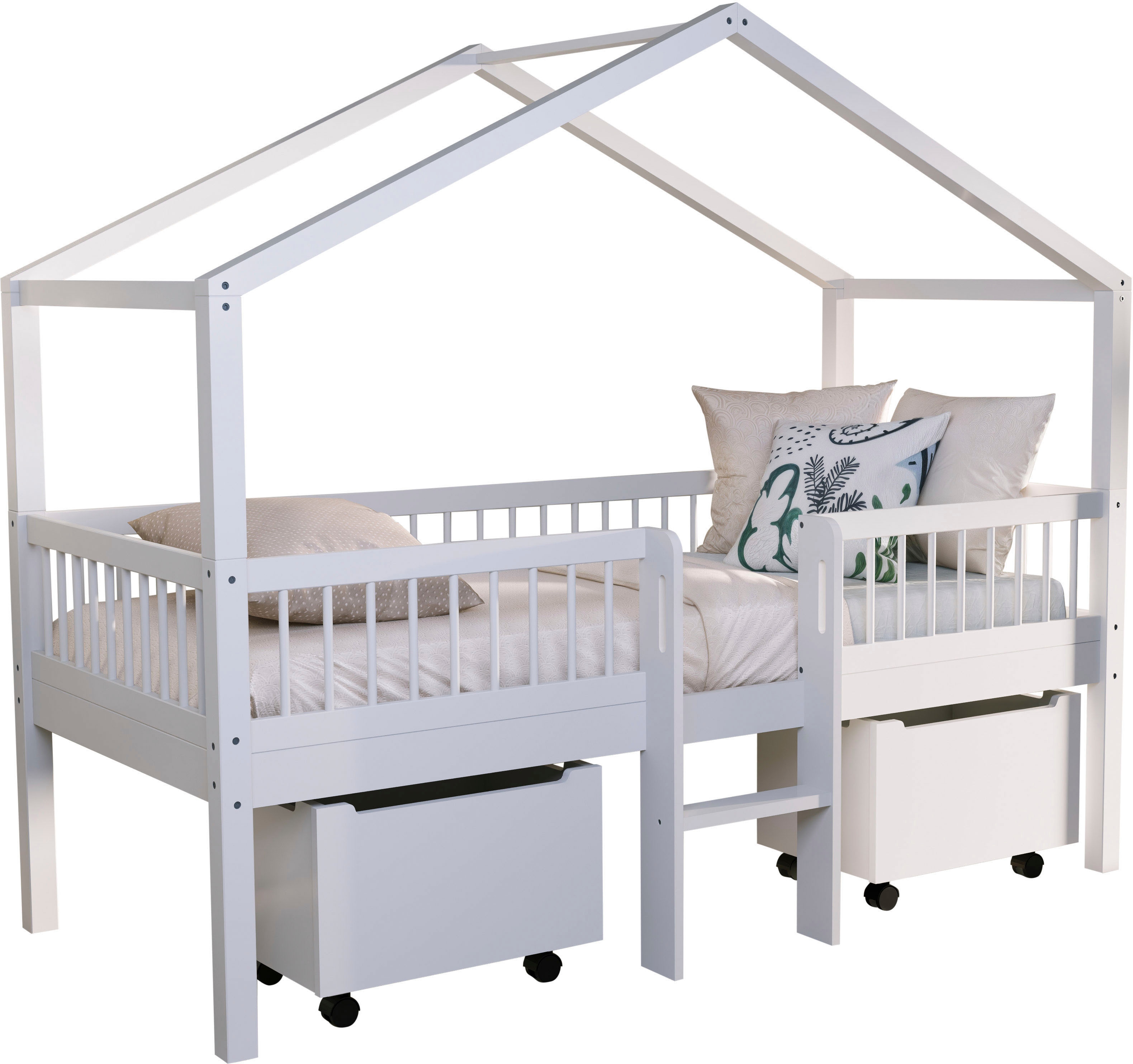 Vipack Hausbett "Inkl. Dachaufbau, Leiter und Rolllattenrost, Made in Europe" wahlweise mit und ohne dekorativem Textilhimmel erhältlich, hochwertig und stabil bebaut, Buche massiv weiß lackiert