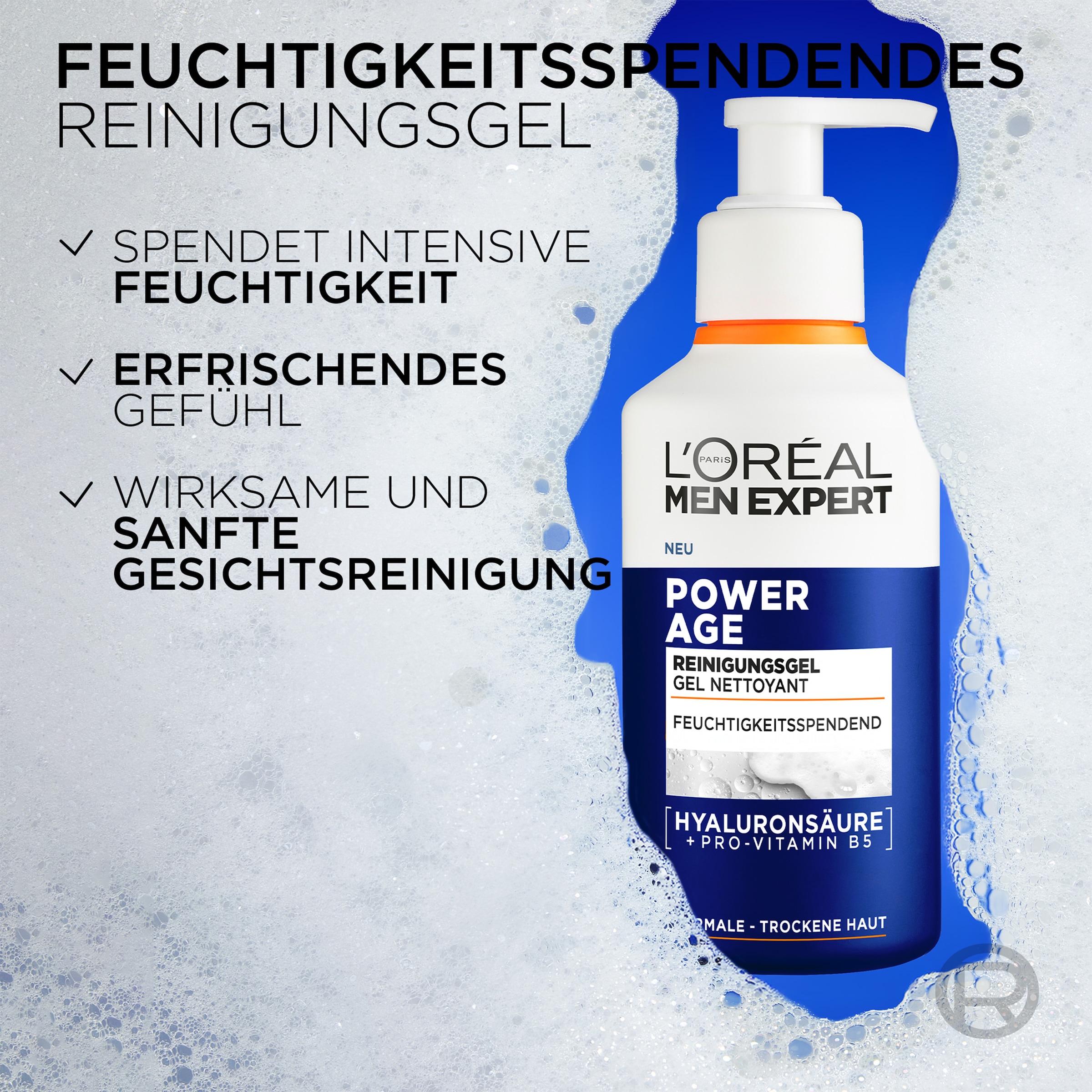 L'ORÉAL PARIS MEN EXPERT Gesichts-Reinigungscreme »POWER AGE FEUCHTIGKEITSSPENDENDES REINIGUNGSGEL« mit hydratisierender Hyaluronsäure und nährendem Vitamin B5