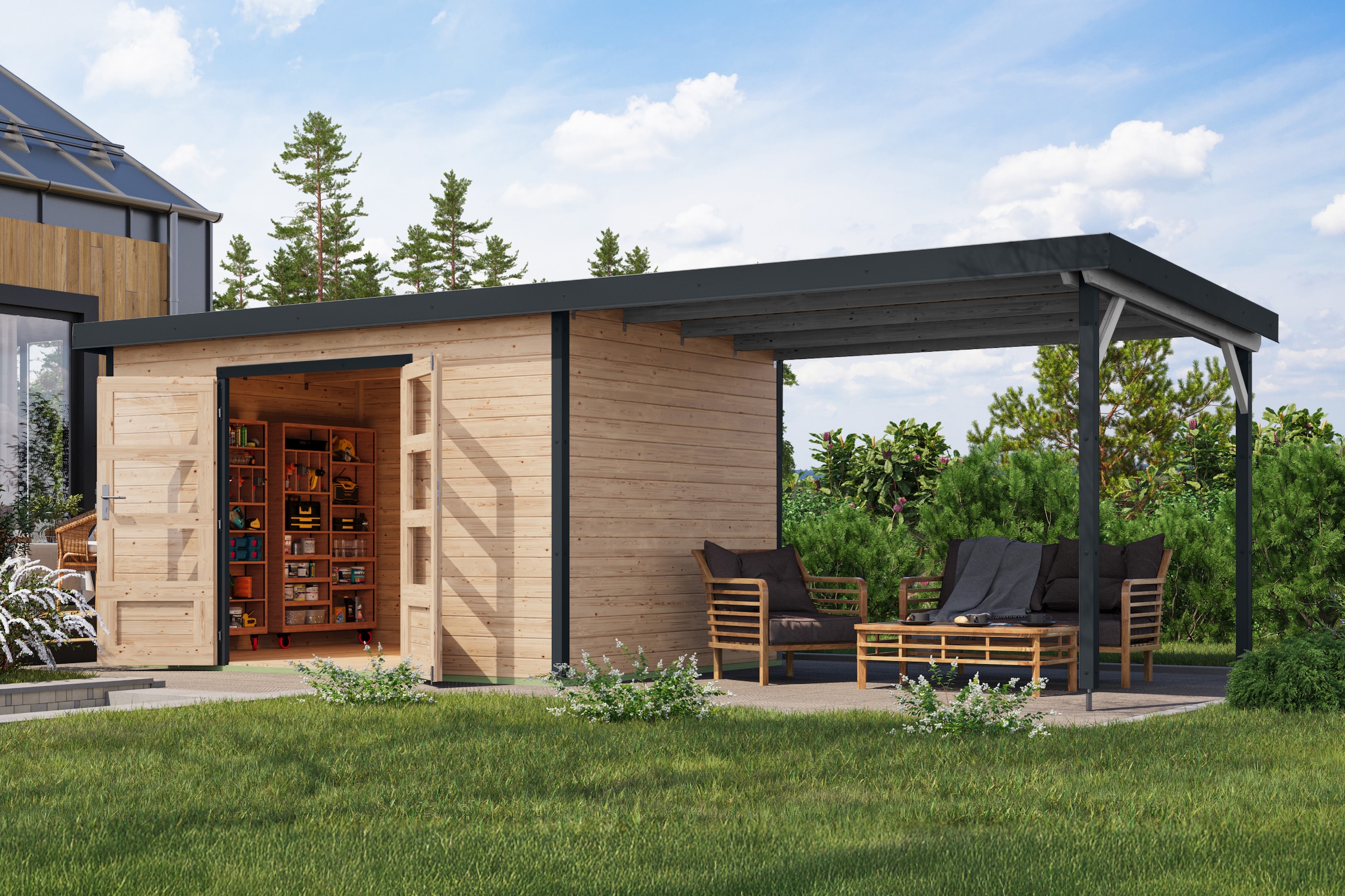 Karibu Gartenhaus »Plutino 7  SET, in verschiedenen Farben« inkl. Anbaudach