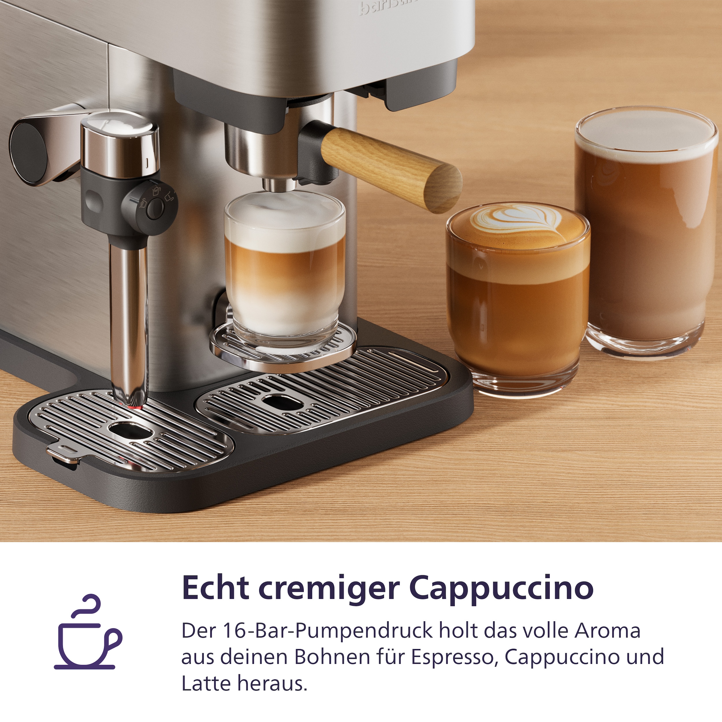 PHILIPS baristina Espressomaschine »Latte Plus BAR700/00 mit Mahlwerk für ganze Bohnen« automatische Milchdüse, 16 bar Pumpendruck, Edelstahl/Eschenholz