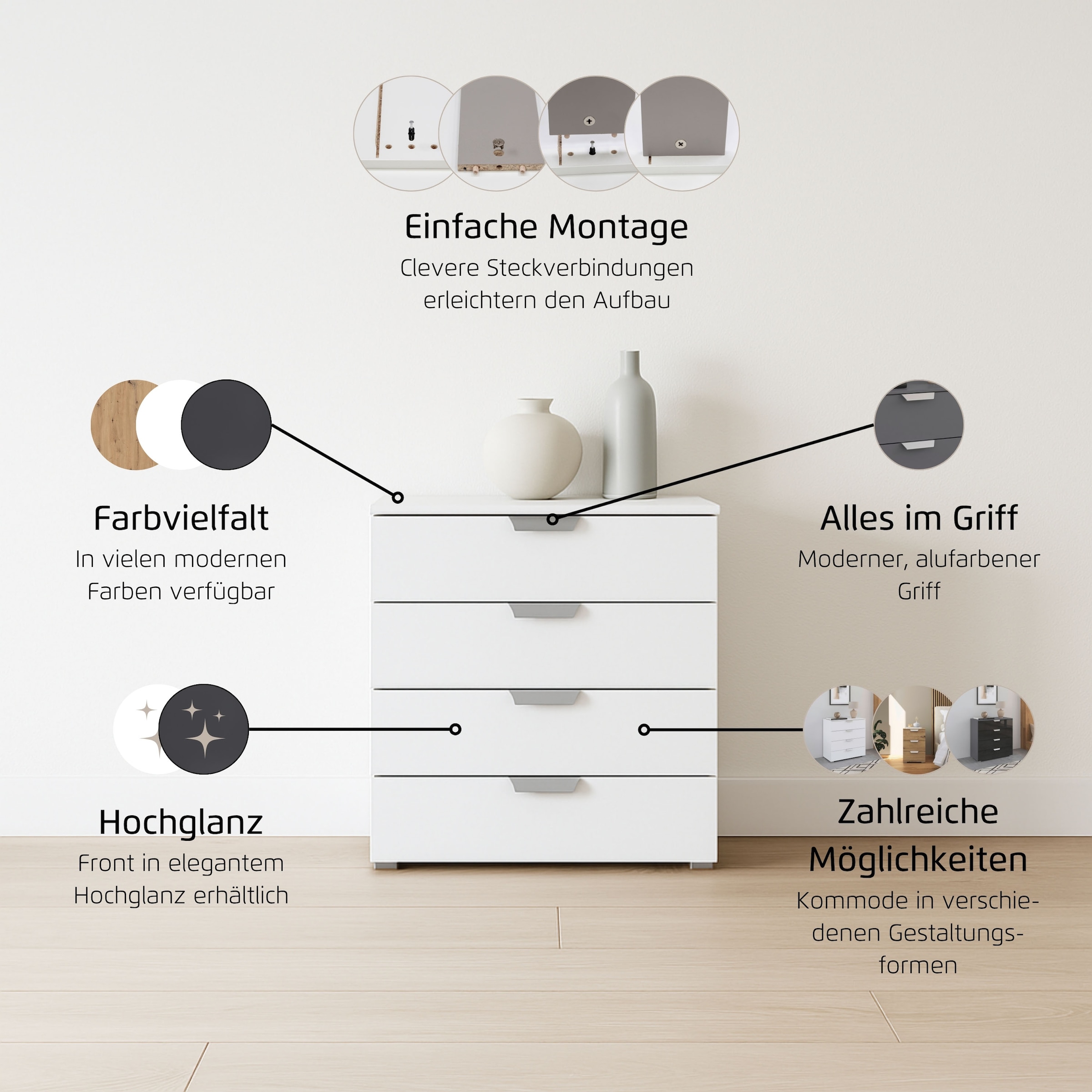 rauch Schubkastenkommode »Sideboard Schubladenkommode ORIAS mit Dekor- oder Hochglanzfront«, (Breite 80 cm inkl. Soft-Close-Funktion), vier große und geräumige Schubladen mit viel Stauraum MADE IN GERMANY