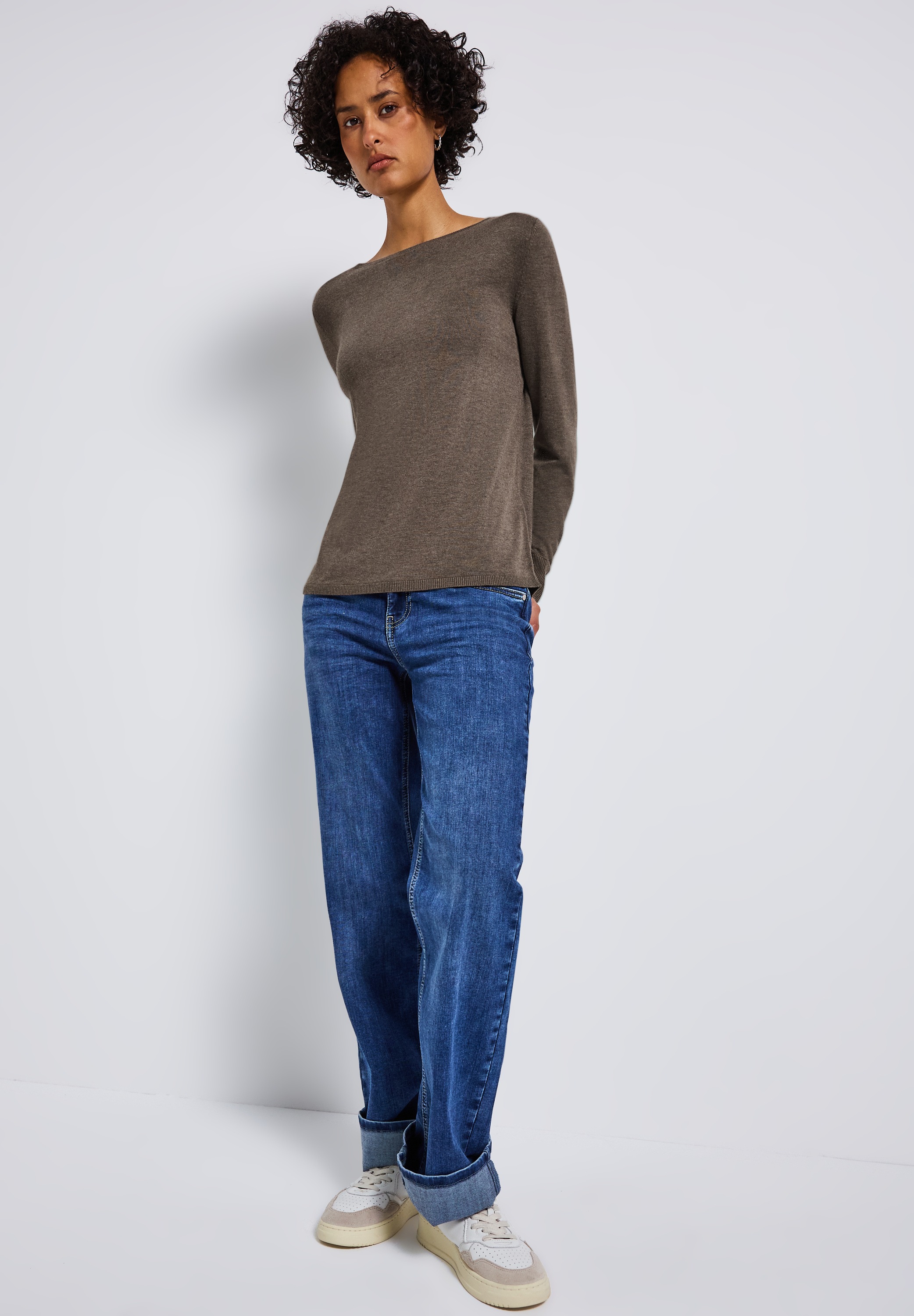 Strickpullover STREET ONE, Damen, Gr. 34, braun (nomad braun meliert), Strick, Obermaterial: 60% Viskose, 40% Baumwolle, unifarben, lässig geschnitten hüftbedeckend, U-Boot-Ausschnitt, Flachstrickbündchen, Pullover Strickpullover, mit U-Boot-Ausschnitt 3