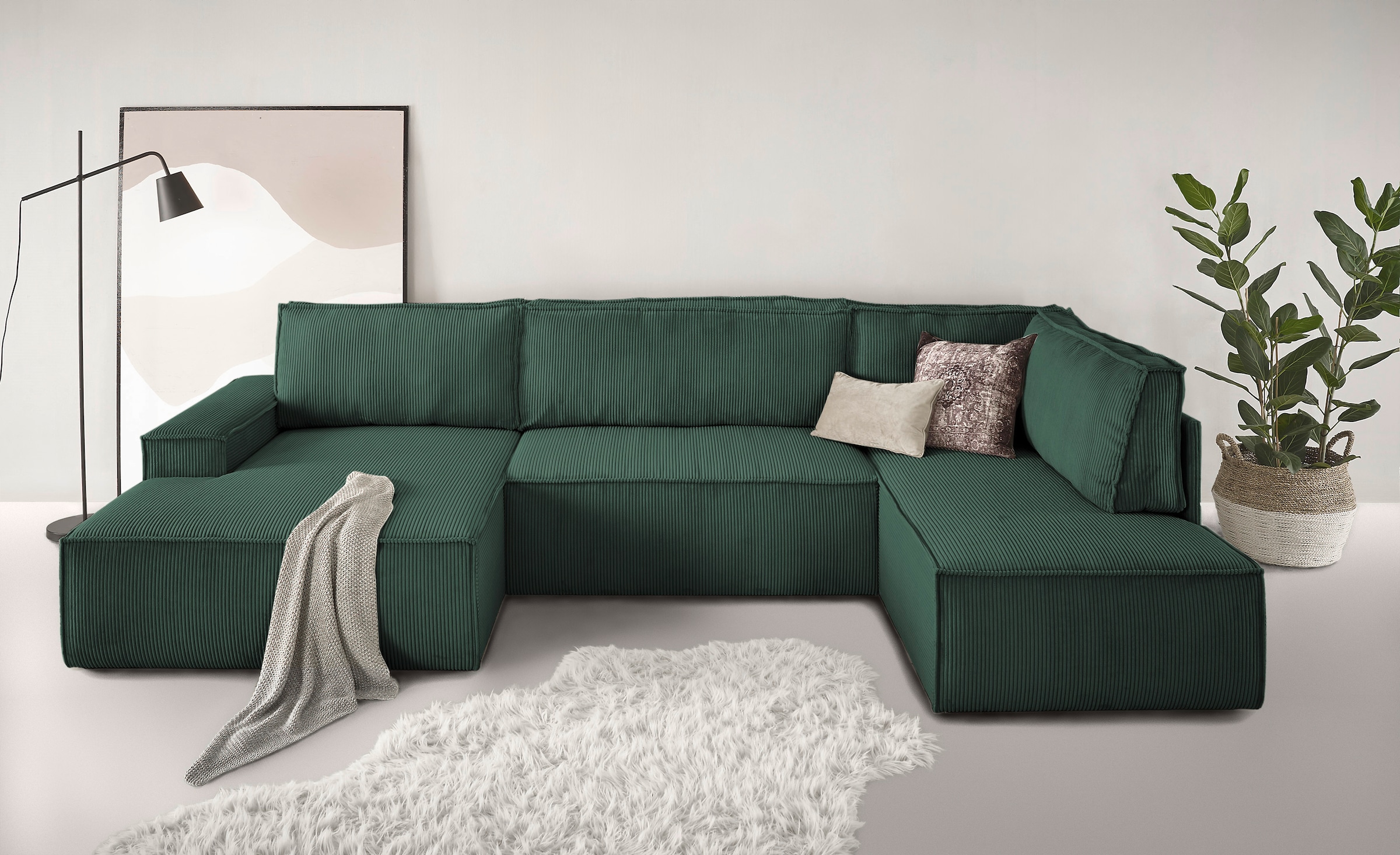Home affaire Wohnlandschaft »SHERWOOD 329 cm, U-Form, Schlafsofa,«, Schlaffunktion m. Bettkasten (194x139 cm), Cord, Vintage, Samtvelours