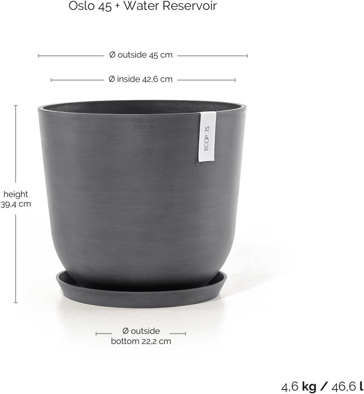 ECOPOTS Blumentopf »Oslo 45 + Wassersystem Grau« für innen und außen: frostsicher, bruchsicher und lichtbeständig
