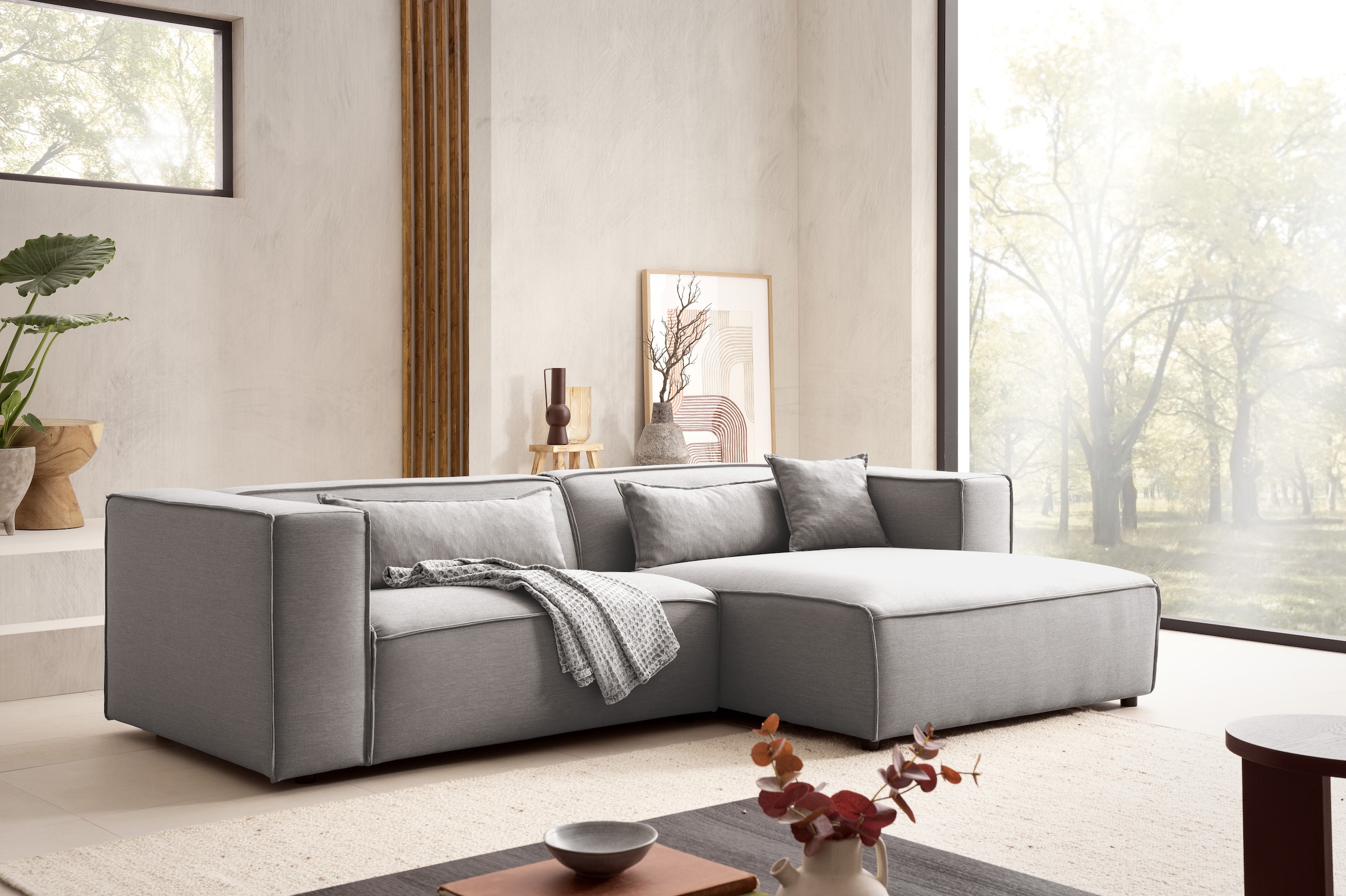LeGer Home by Lena Gercke Ecksofa »PIARA mit Kedernaht in Cord oder Leinenoptik, moderne Couch in L-Form«, wahlweise Ottomane rechts/links, schwarze Füße, bequemer Sitzkomfort