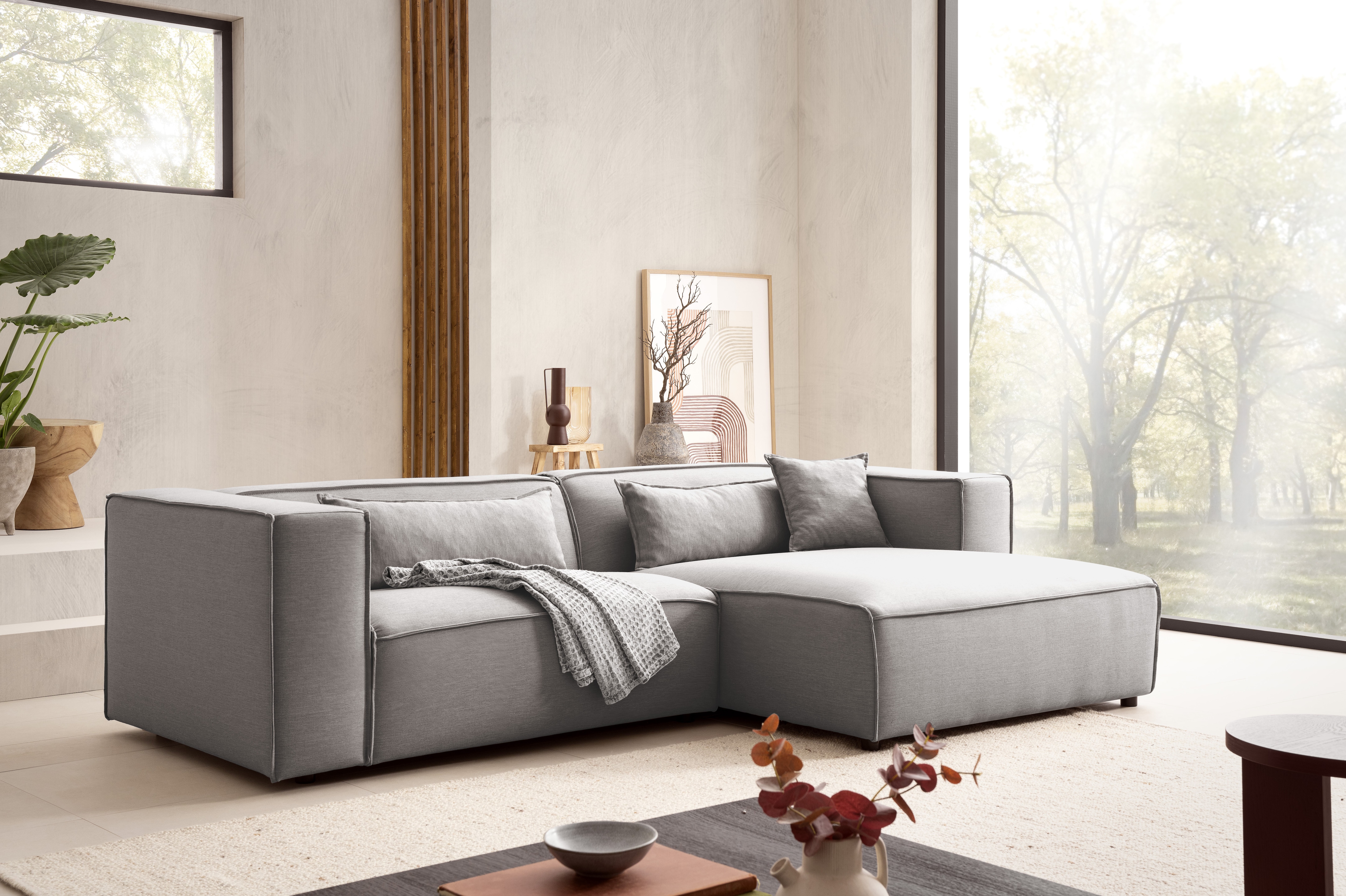 LeGer Home by Lena Gercke Ecksofa "PIARA Struktur u. Leinenoptik mit Kedernaht L-Form" wahlweise Ottomane rechts/links, schwarze Füße, bequemer Sitzkomfort