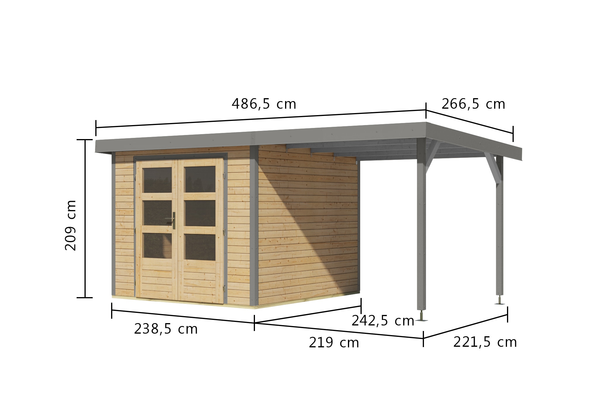 Karibu Gartenhaus »"Jupiter 3,5 A" SET naturbelassen, mit Anbaudach 2,35 m breit«, hochwertige Materialien: nordische Fichte, Stahlecken, Trapezblechdach